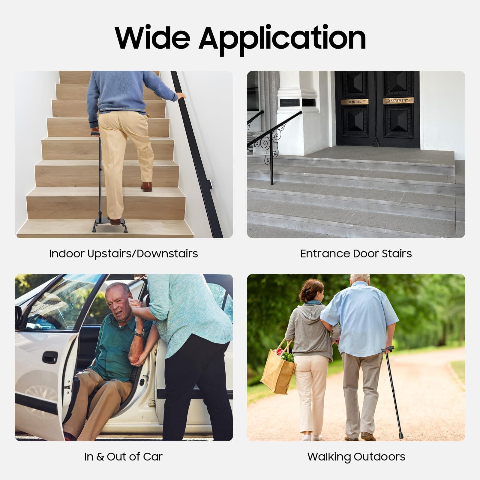 Adjustable Stair Climbing Assist Cane, 2-in-1 Walking Stick with Pedal Step, Height Adjustable Mobility Aid for Walking Up and Down Stairs, Non-Slip 4-Leg Support Cane