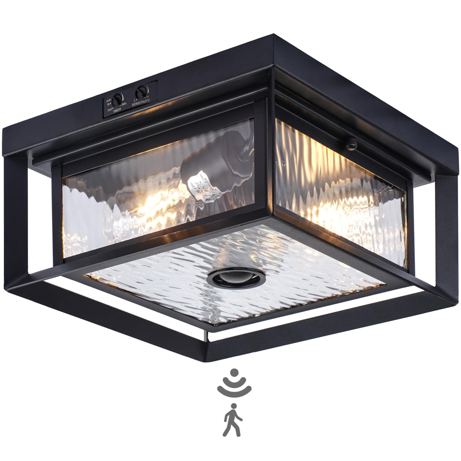 Motion Sensor Outdoor Ceiling Light - Industrial Style, Flush Mount, Dual Box Frame with Water Ripple Glass Design - Perfect for Porch, Garage, and Entryway, Time and Sensitivity Adjustable
