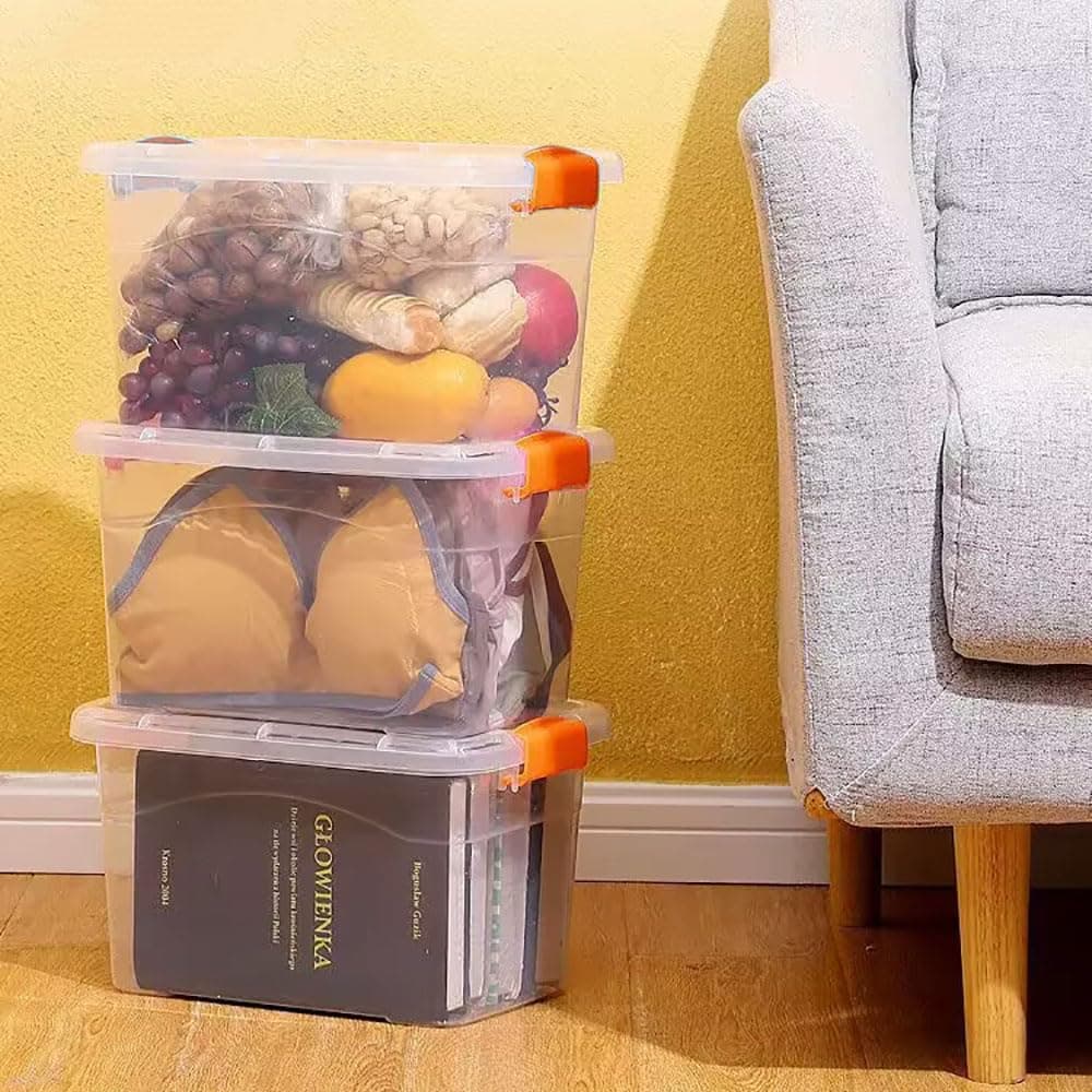 MUMOO BEAR Clear Plastic Storage Box, 15L Storage Bins with Lids, 3pcs Stackable Transparent Organizer Box Storing Clothes, Snacks, Tools, Medicine, Toys, Books, DVDs, CDs (Transparent, 15L)