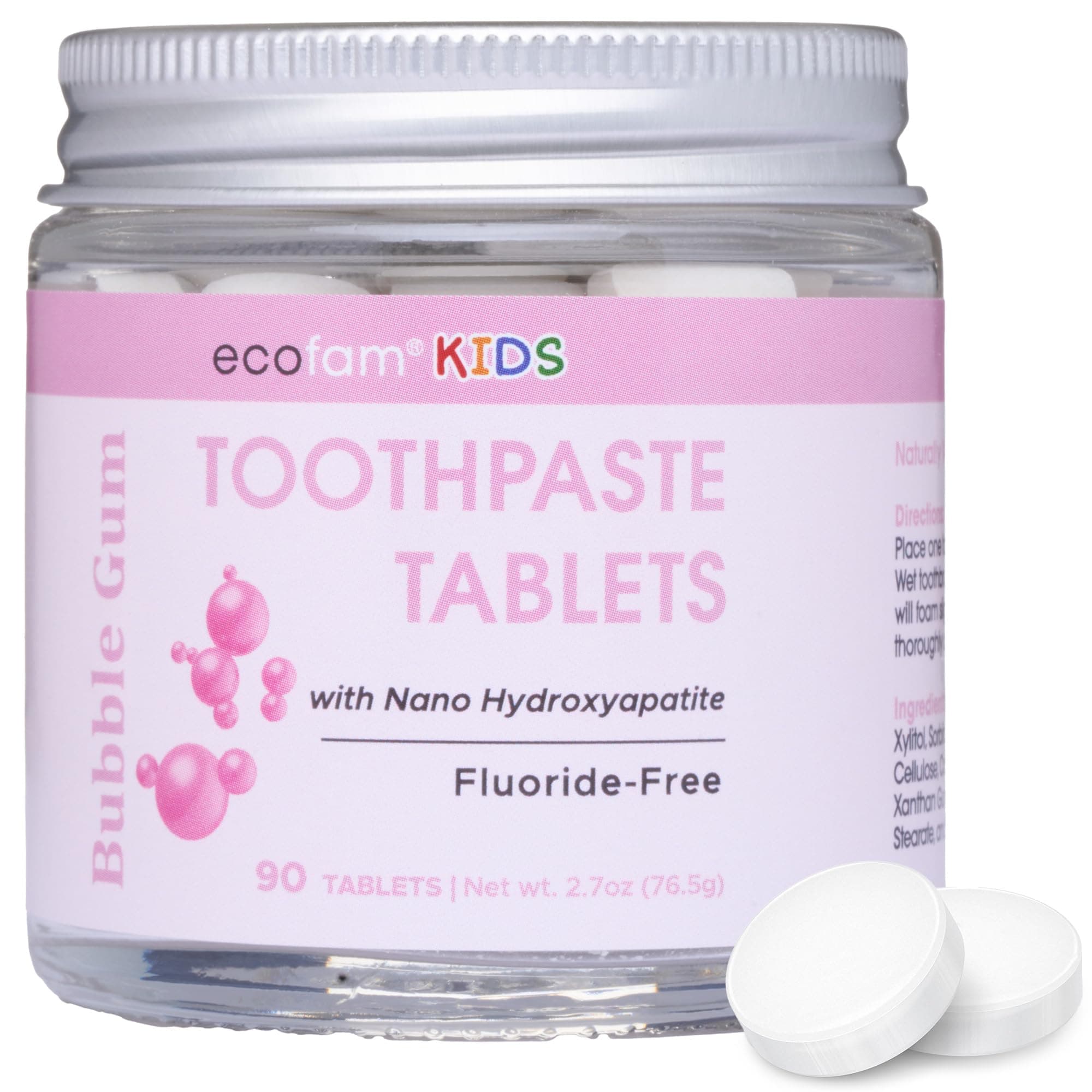 Ecofam Kids Toothpaste Chewable Tablets - 90 Natural Xylitol Tabs - Zero Waste Glass Jar - Travel Friendly - Fluoride-Free - with Nano Hydroxyapatite -Vegan - Made in The USA (Bubble Gum)