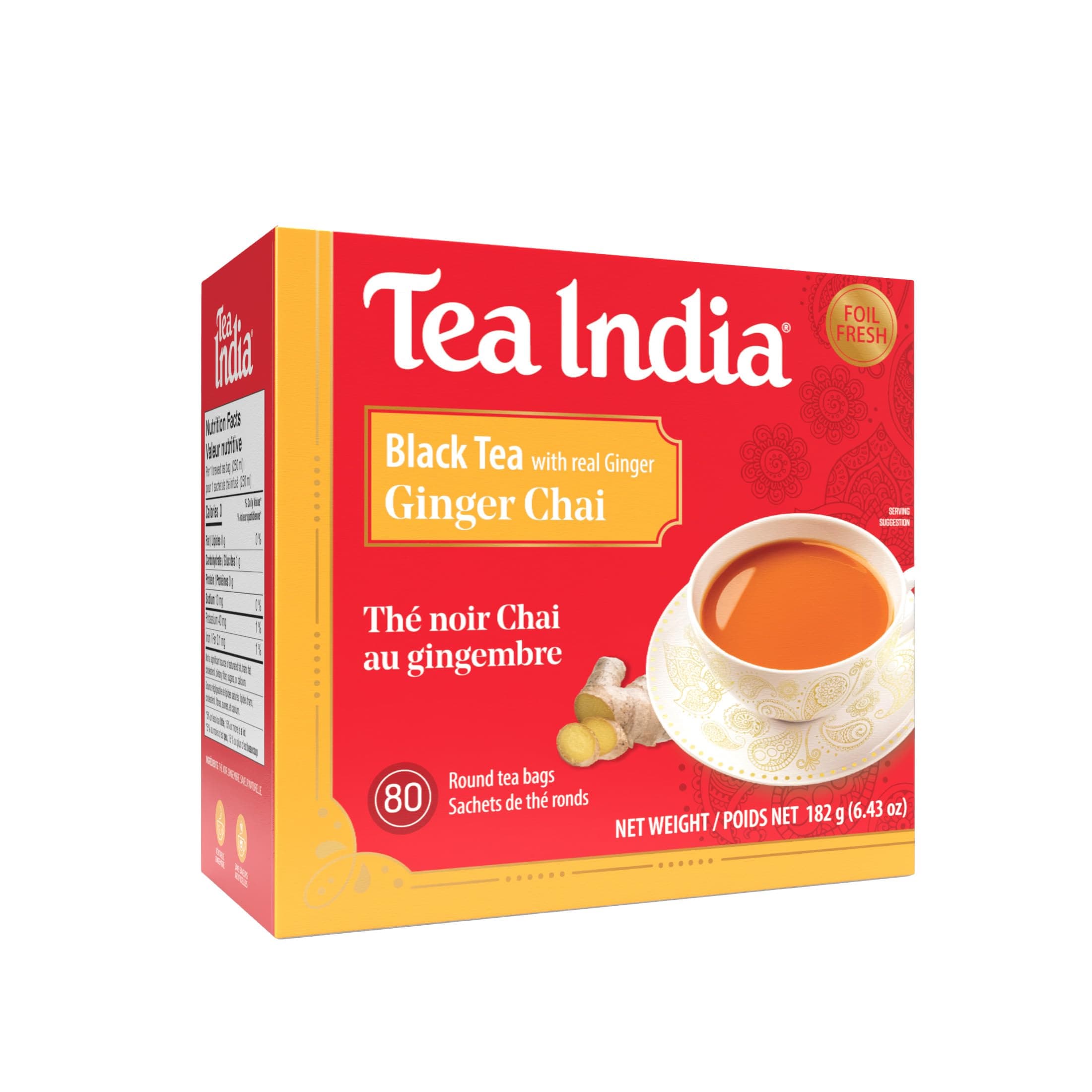 Tea India Ginger Chai Black Tea with Real Ginger Flavorful Blend Of Premium Black Tea, Ginger & Natural Ingredients Traditional Indian Caffeinated Tea 80 Round Teabags