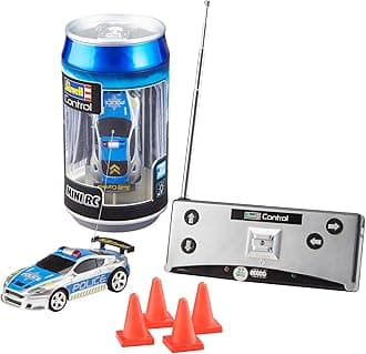 Revell Control 23559 Mini Remote Control Car Police, With 27 MHz Control, In a Can Container, Includes Traffic Cones, 8cm in length