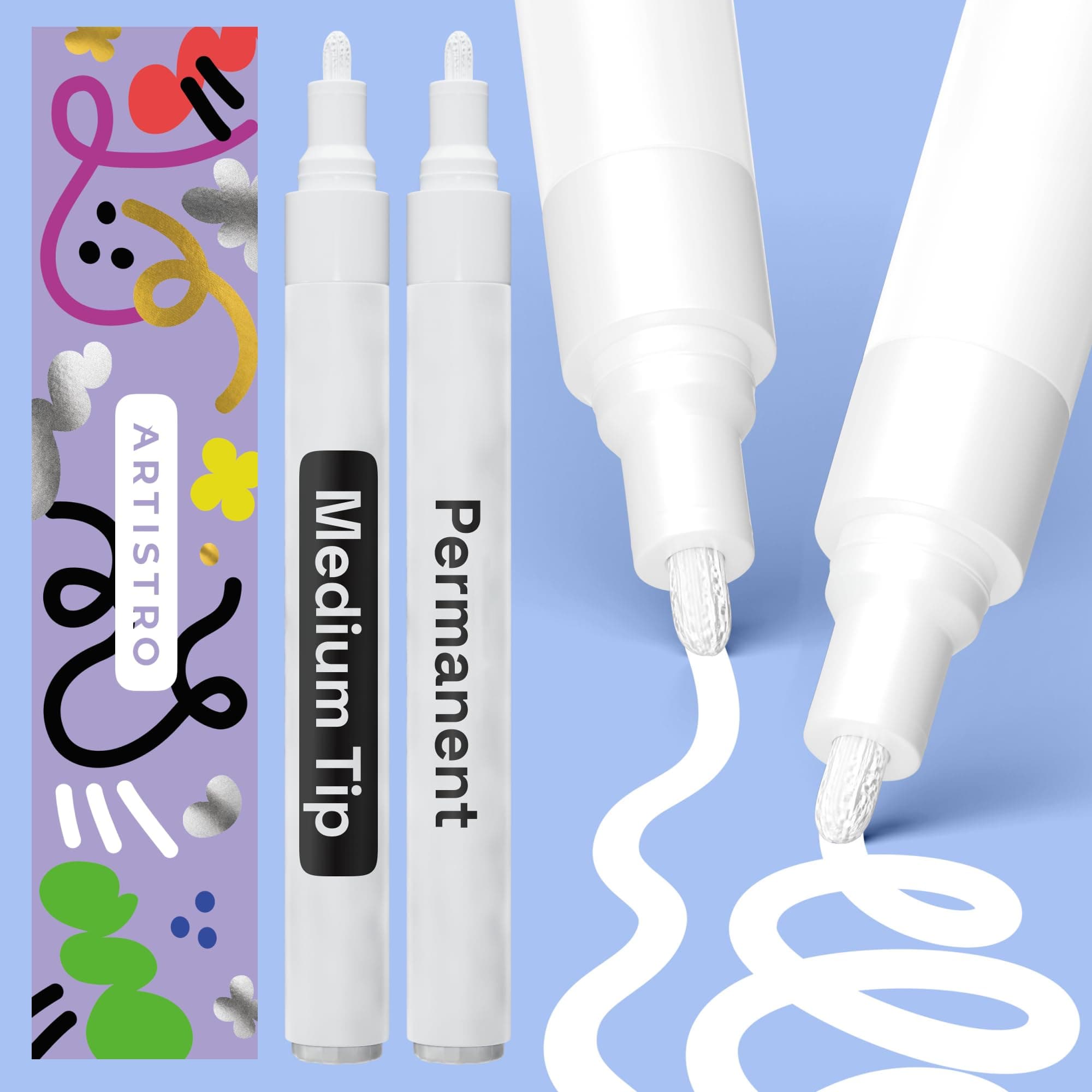 ARTISTRO 2 White Medium Tip Permanent Marker - Waterproof Markers for Tire, Fabric, Rocks, Glass, Ceramic, Wood, Paper - Oil Based Paint Pens