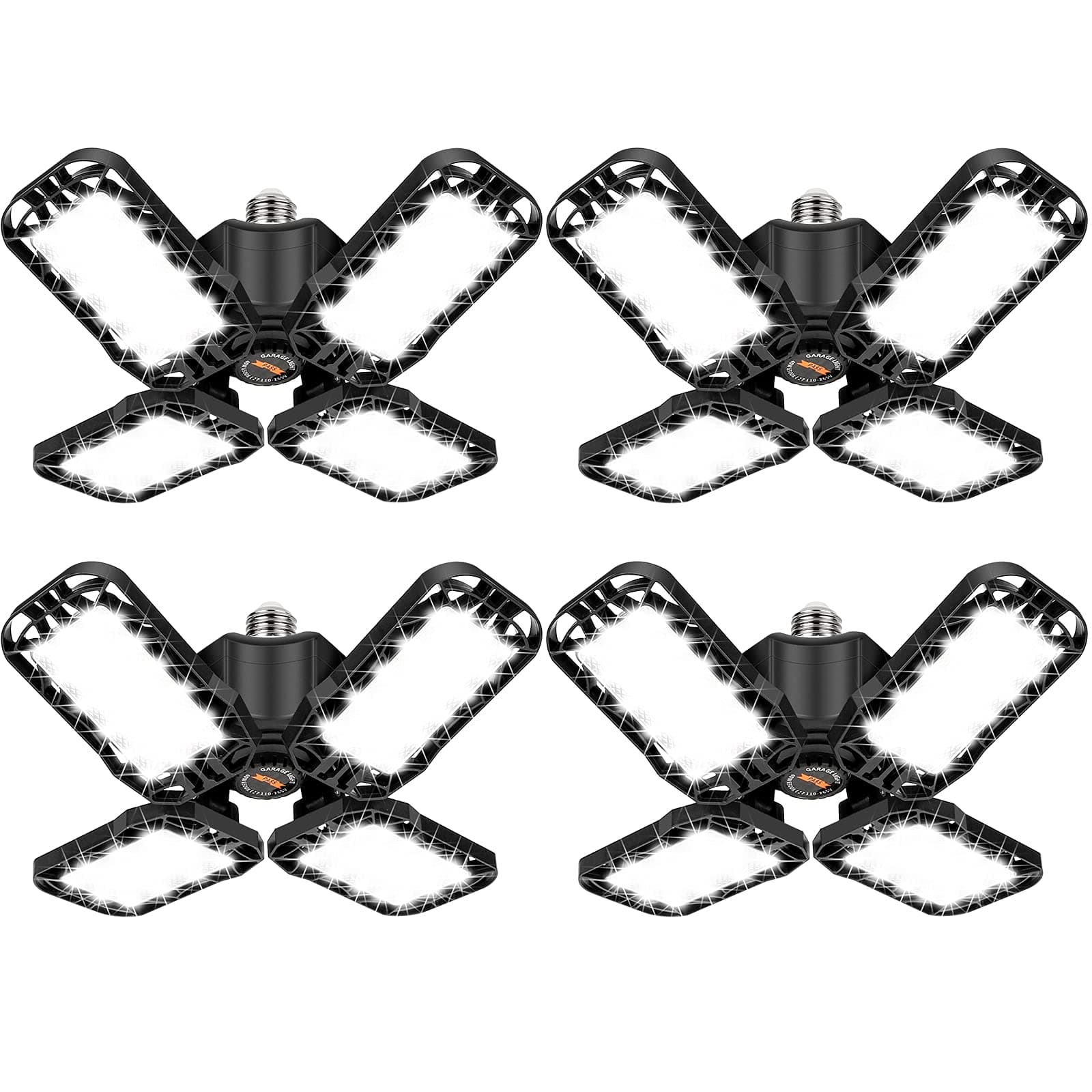 LED Garage Light 4 Pack, 120W Ultra Bright LED Shop Light with 4 Adjustable Panels, 12000LM E26/E27 Base Deformable Ceiling Fixtures for Garage, Workshop, Attic, Basement, Barn (Black-4 Pack)