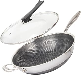 14" Honeycomb Non Stick Wok Pan Stainless Steel Stir-fry Wok with Lid,Skillet with Stay-cool Handle PFOA Free Suitable for Induction, Ceramic, Electric, and Gas Cooktops (Sliver, 14 Inches)