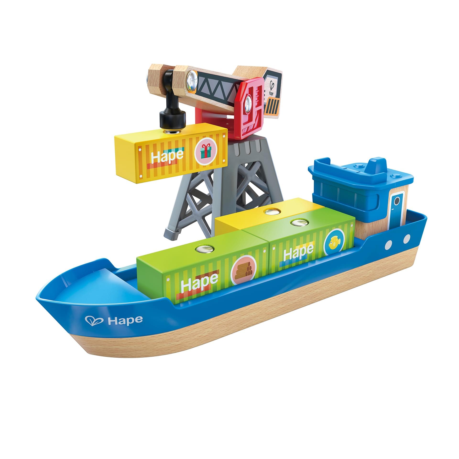 Cargo Ship & Magnetic Crane Playset, 4 Cargo Blocks, Ages 3+, Compatible with Railway Sets
