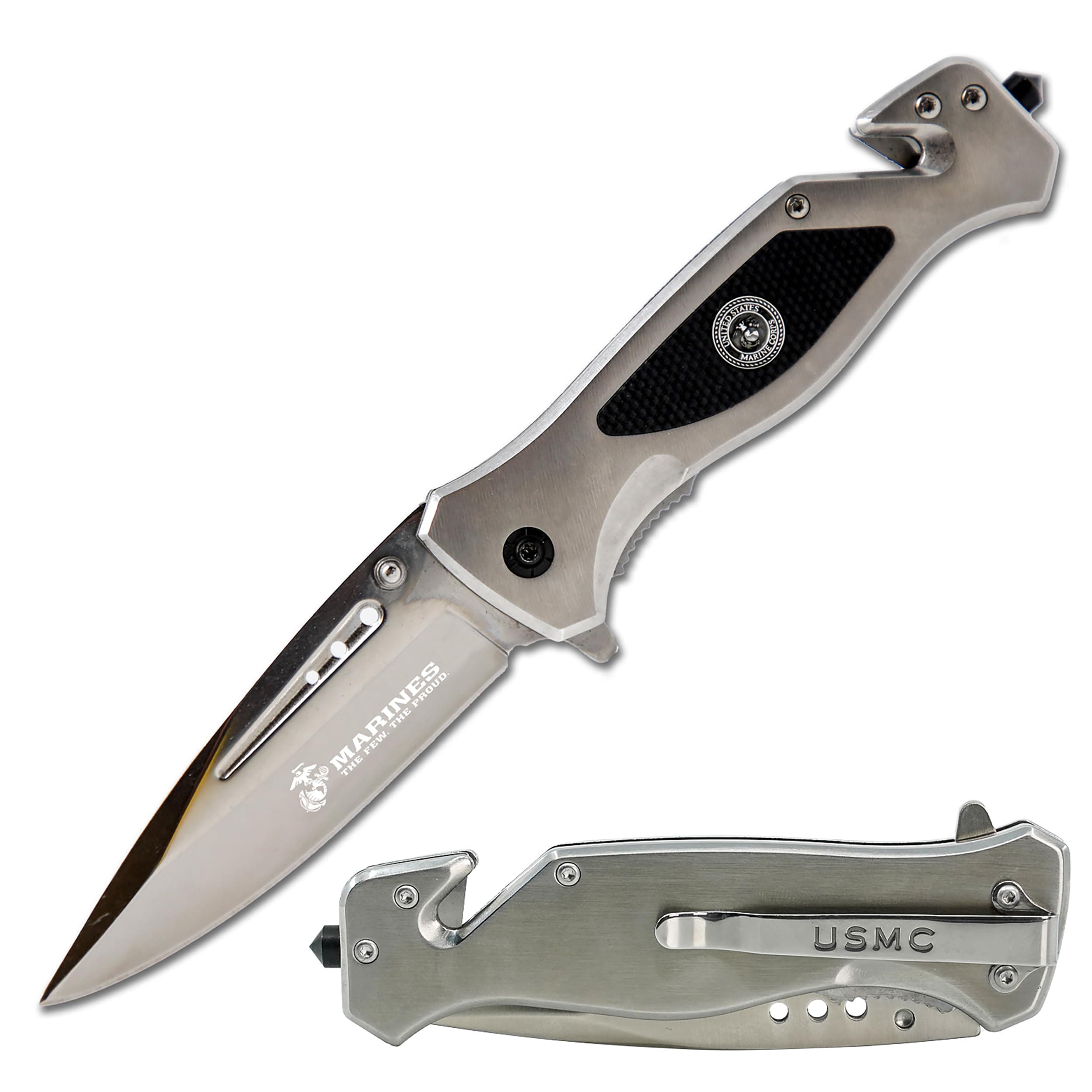 - USMC Tactical Folding Knife–3.5 Inch Blade-Hunting, Rescue & Everyday Carry Gift for Marines Disabled Vet Owned Business | USMC Knife Silver