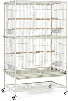 Wrought Iron Bird Flight Cage with Wheels - Large Birdcage for Parakeets, Canaries, Finches, Cockatiels, Lovebirds, Green Cheeks, Metal Standing Birdcage - Chalk White
