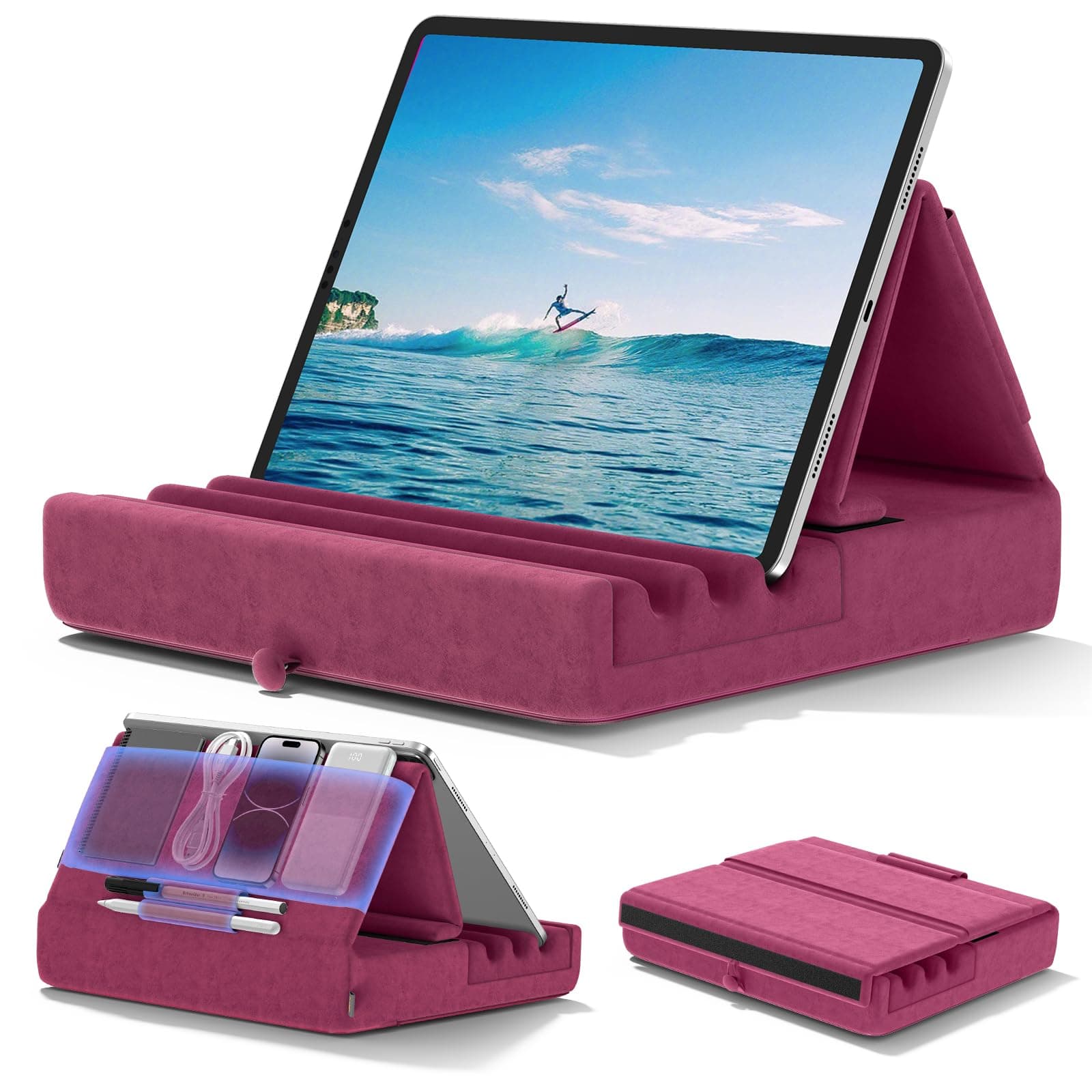 Tablet Pillow Holder, Foldable iPad Stand for Lap, Bed and Desk -Tablet Soft Pad Dock with Pocket & Stylus Mount Compatible with iPad Pro 12.9, 10.5, 9.7 Air Mini 6 5 4 3, Galaxy Tab, E-Reader