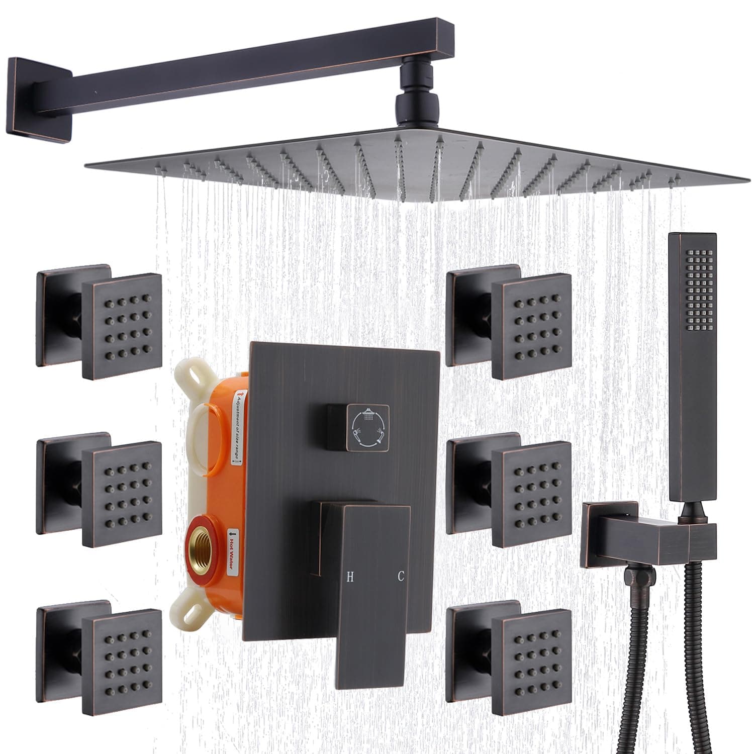 Enga 12 Inch Bathroom Rainfall Shower Head System Brass Shower Faucet Complete Kit Wall Mount Oil Rubbed Bronze