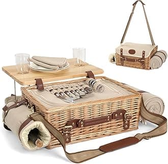 Mutifunctional Wicker Picnic Basket Set for 2 with Blanket and Picnic Table, Insulated Picnic Set with Full Tablewares for Camping Outdoor Couples Valentine Thanks Giving Birthday, Natural