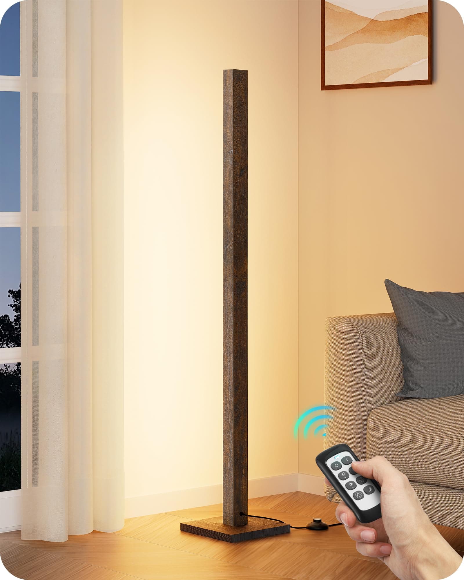 - Wooden LED Corner Floor Lamp, Modern Standing Light with Remote, Minimalist Dimmable Floor Lamps for Living Room, Bedroom, Office, 7 Color Temperature 2700~6000K, 48.43"