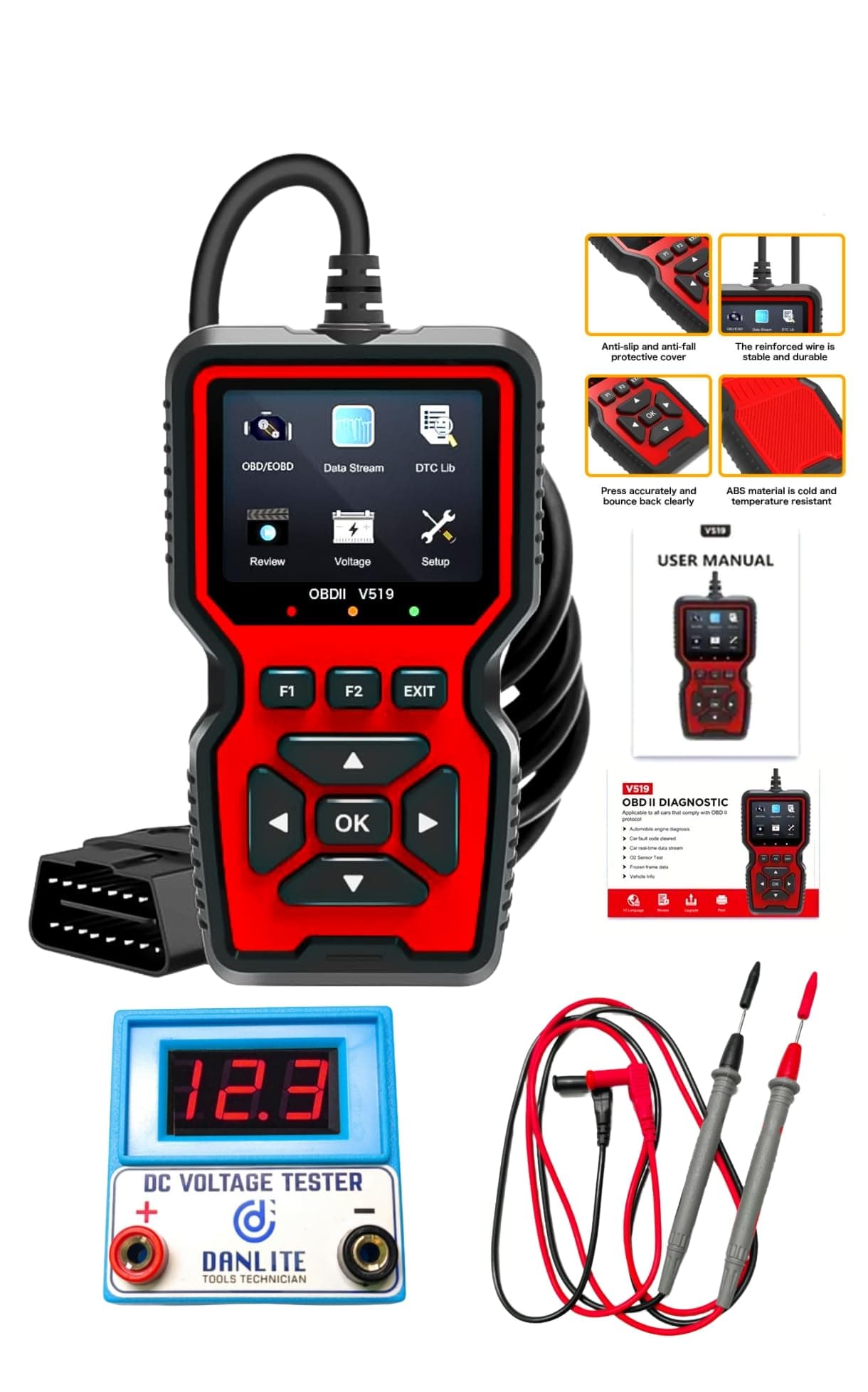Danlite V519 OBD-II Scanner for Bs6 & Bs7 Bike Fault Code Reader with DC Voltage Tester with Live Data Check Free Danlite Tester