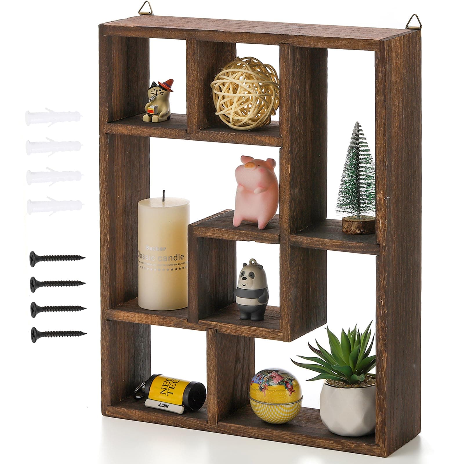 WUWEOT Wood Shadow Box, 15" x 12" Cubes Display Shelf, Freestanding & Wall Mountable Floating Shelves, 7-Compartment Knickknack Display Organizer with Screws for Christmas