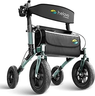 Helavo All Terrain Rollator Walker with Seat & Large 12” Pneumatic Tires – Foldable Outdoor Walkers for Seniors with Seat, Lightweight & Adjustable Height, Shock-Absorbing for Comfort on Any Surface