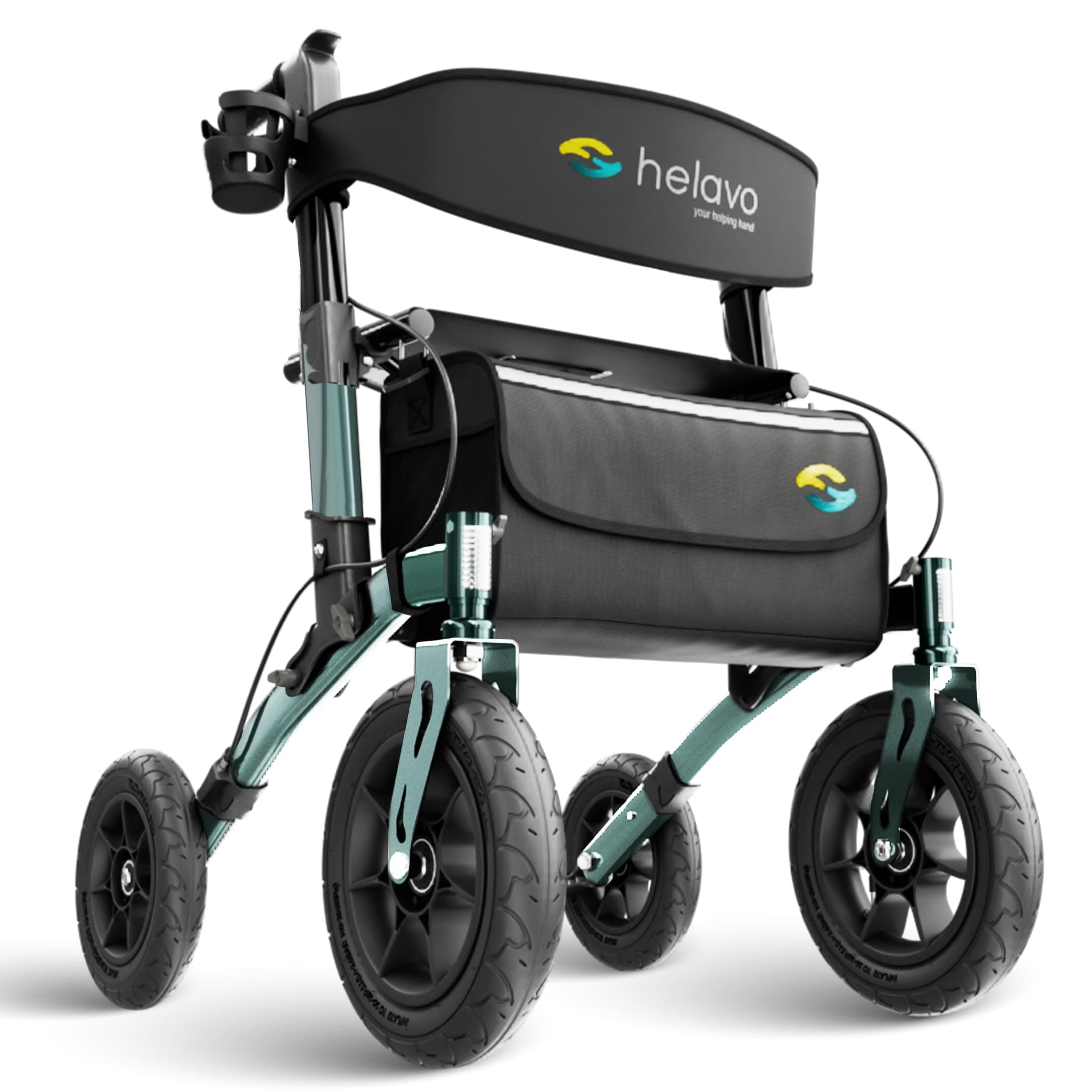 Helavo All Terrain Rollator Walker with Seat & Large 12” Pneumatic Tires – Foldable Outdoor Walkers for Seniors with Seat, Lightweight & Adjustable Height, Shock-Absorbing for Comfort on Any Surface