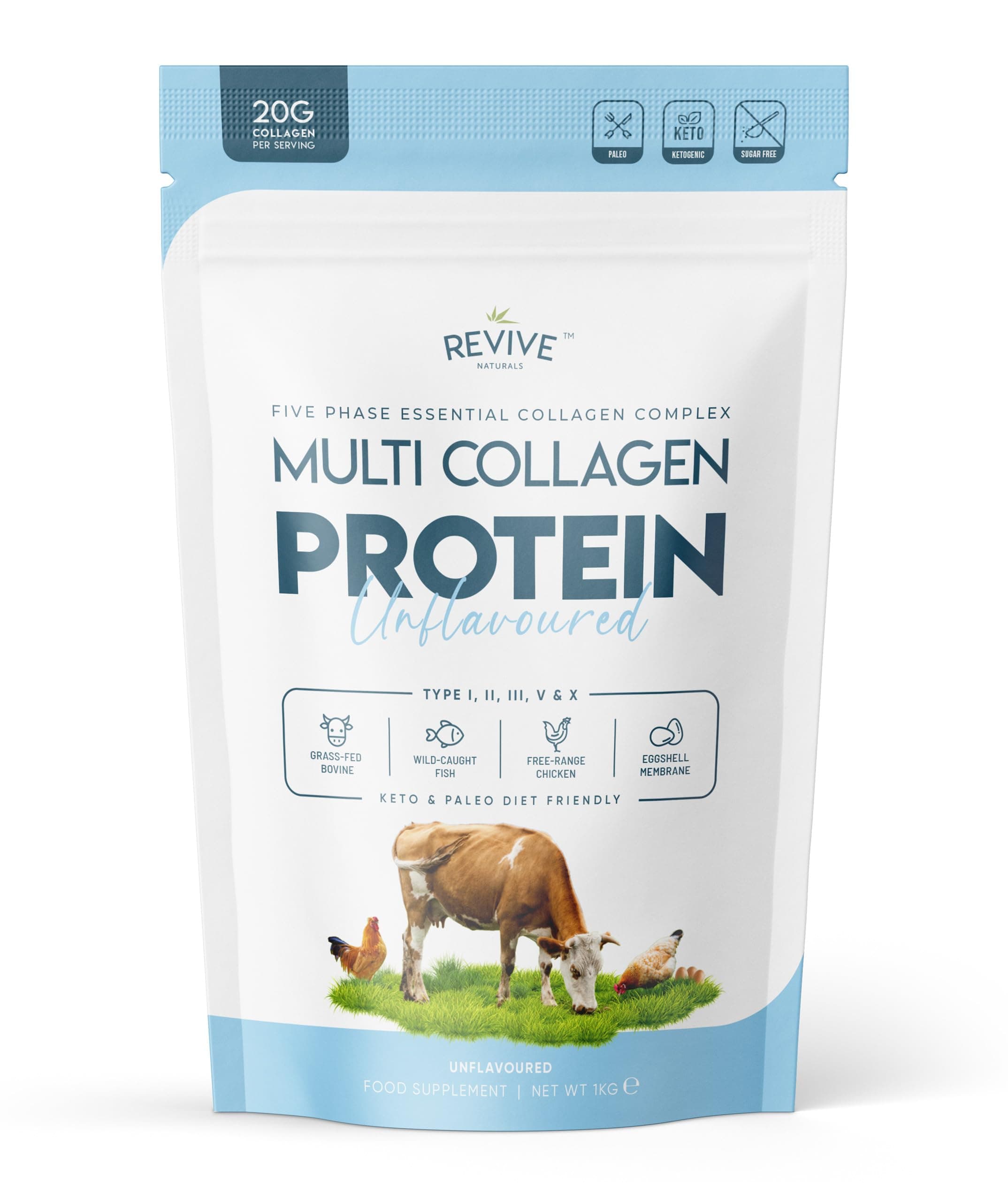 Multi Collagen Protein Powder (1kg) - Types I, II, III, V & X - Hydrolyzed Grass Fed Bovine, Wild Caught Fish, & Free-Range Chicken & Eggshell Collagen by Revive Naturals