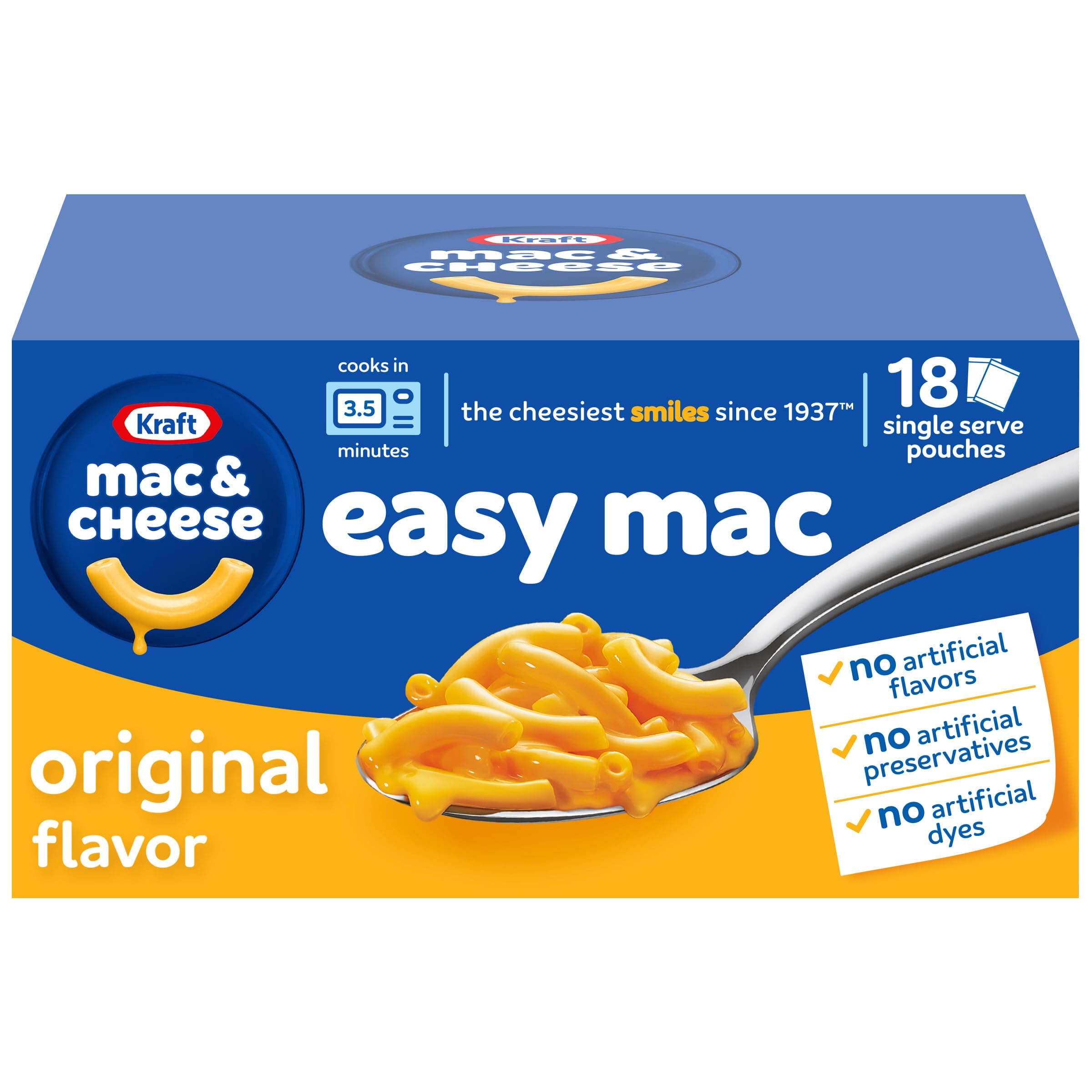 Kraft Easy Mac and Cheese, 18 Packets, for Easy Dinner or Dinner Sides, Original Flavor, No Artificial Flavors, Preservatives or Dyes, 38.7 oz
