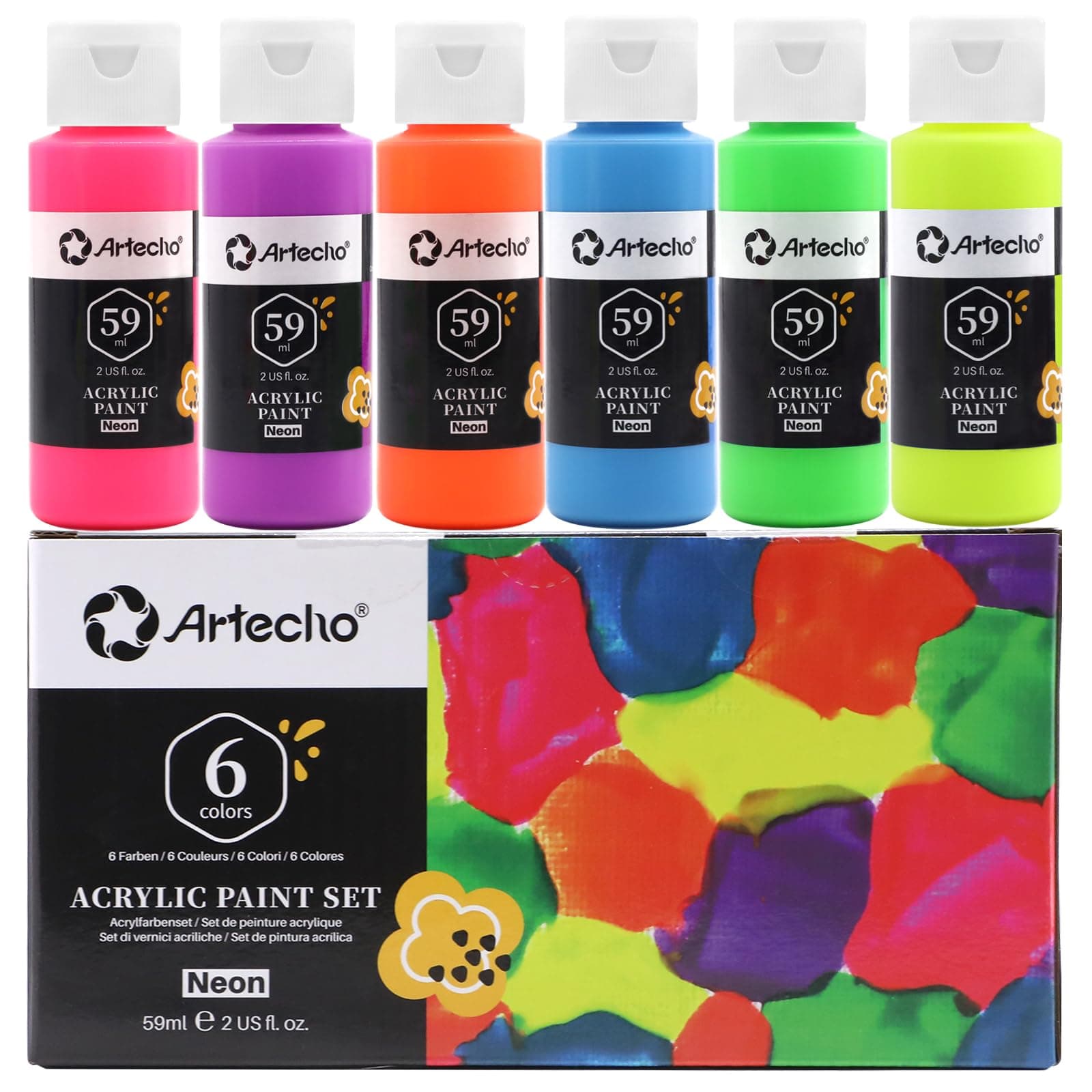 Artecho Neon Acrylic Paint 6 Colors, 59 ml / 2 oz Acrylic Paint for Decoration, Supplies for Canvas, Rock, Wood