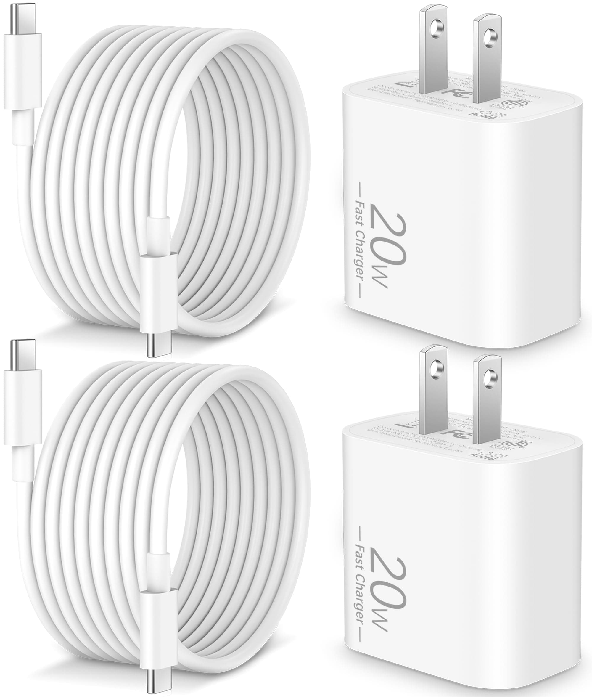 20W Fast Charger USB C for iPhone 17/Air/17 Pro Max/16/16 Pro Max/16 Plus/16e, iPad Pro 13/12.9/11 inch, iPad A16/10th, Air 5/Mini 6, AirPods, 2-Pack Type C Fast Charger Block & 10FT Long USB C Cable