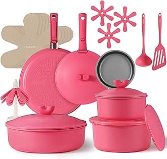 CAROTE 24pcs Pots and Pans Set Non Stick, Nonstick Cookware Set, Oven/Dishwasher/Fridge Safe Pots and Pans, RV Safe Cookware, Induction Kitchen Gift Set Detachable Handle, Pink
