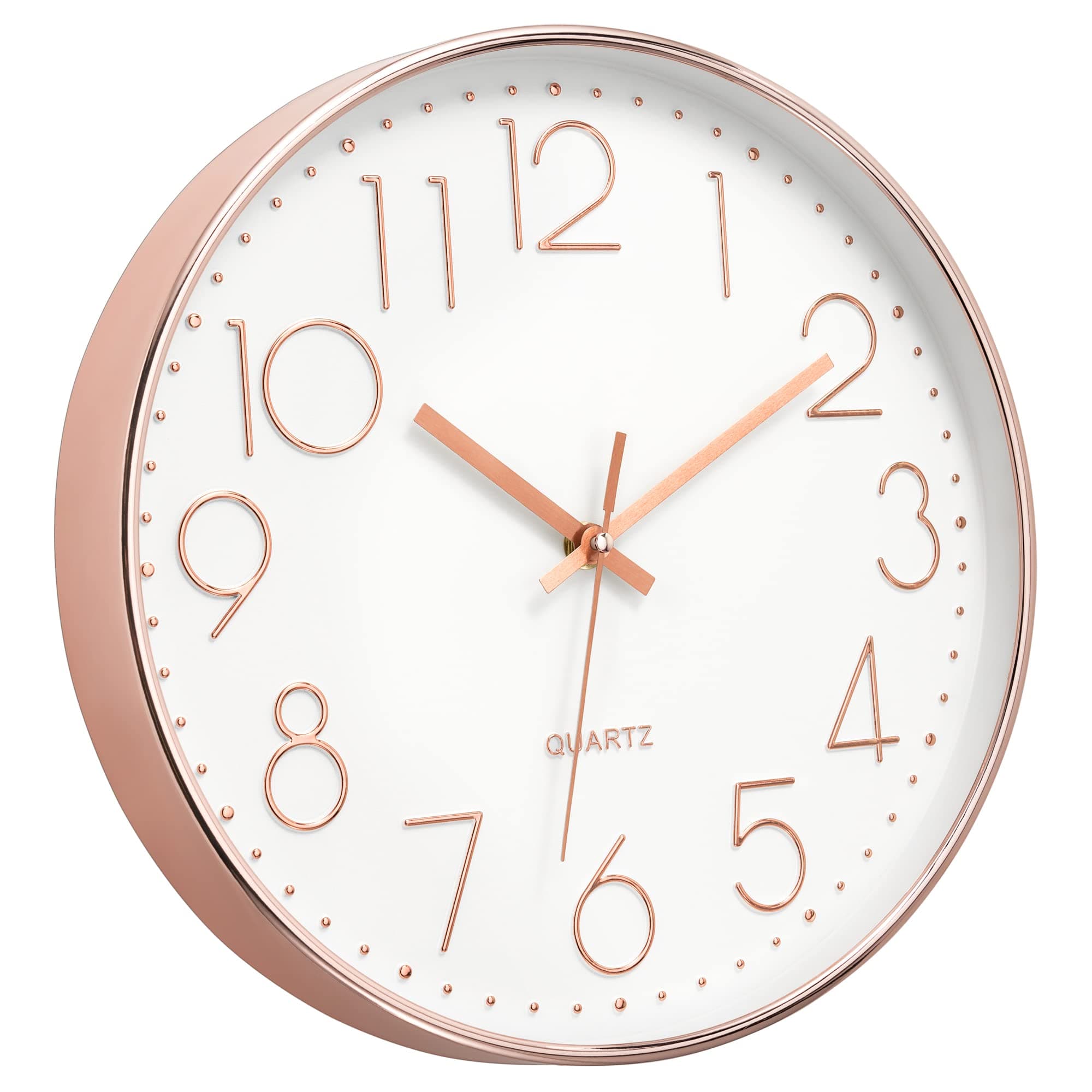 Foxtop Modern Wall Clock 12 Inch Non-Ticking Silent Battery Operated Round Quartz Rose Gold Wall Clock for Office Bedroom Living Room Kitchen Home School Decor