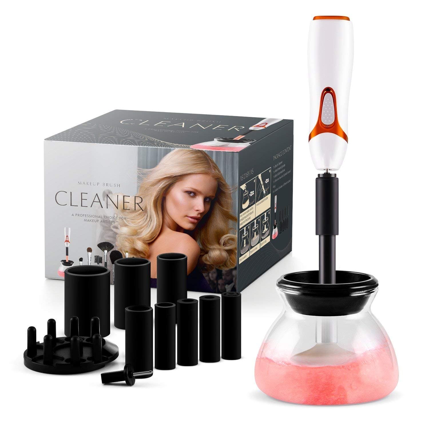 Makeup Brush Cleaner and Dryer [2018 Upgraded] Electronic Brushes Cleaner Wash & Dry Makeup Brushes in Seconds with 8 Rubber Holders Suit for All Size Makeup Brushes (pink)