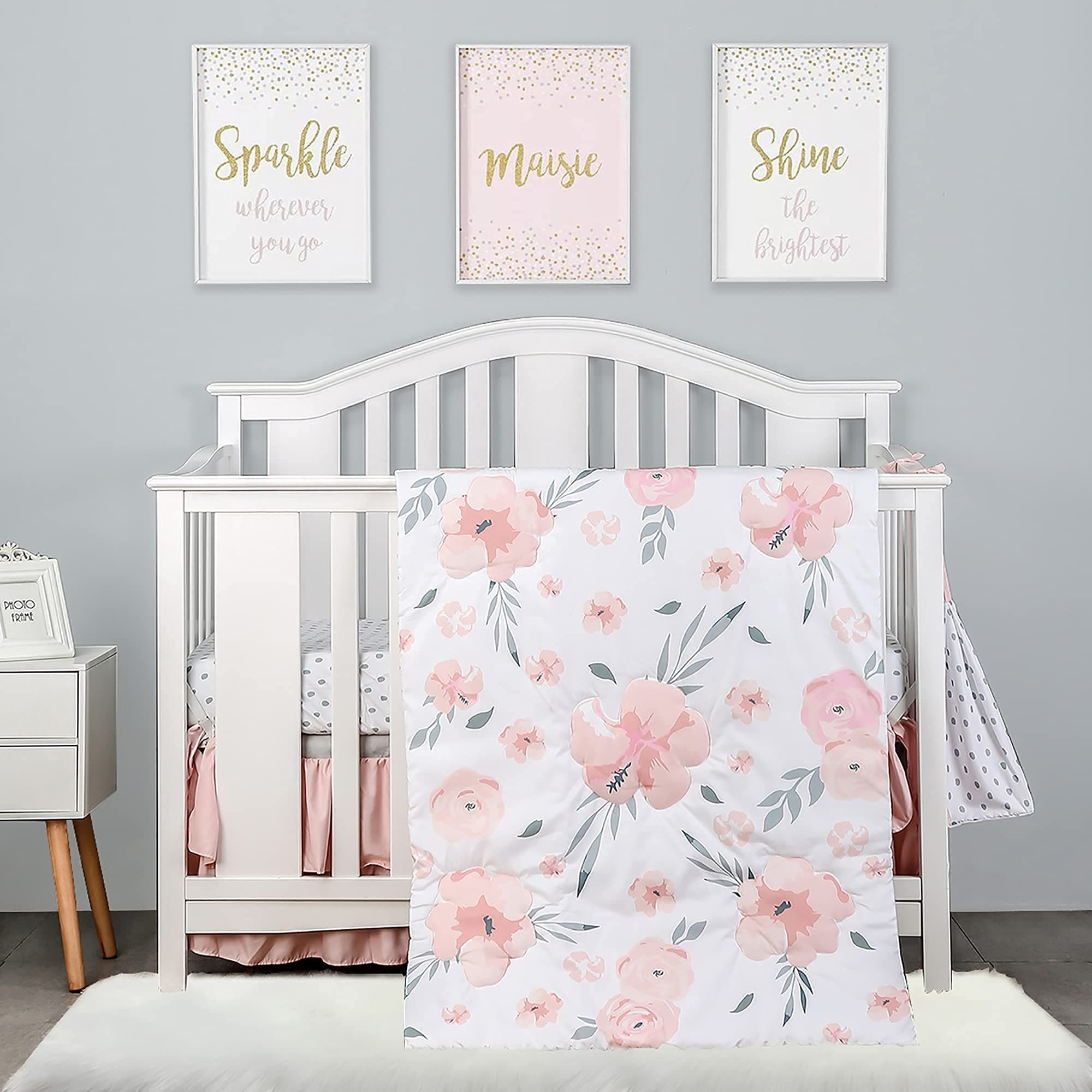 PINNKKU 4-Piece Crib Bedding Set for Boy Girls, Includes Crib Skirt, Blanket, Crib Sheet & Diaper Bag, Baby Girl Crib Bedding Set, Floral