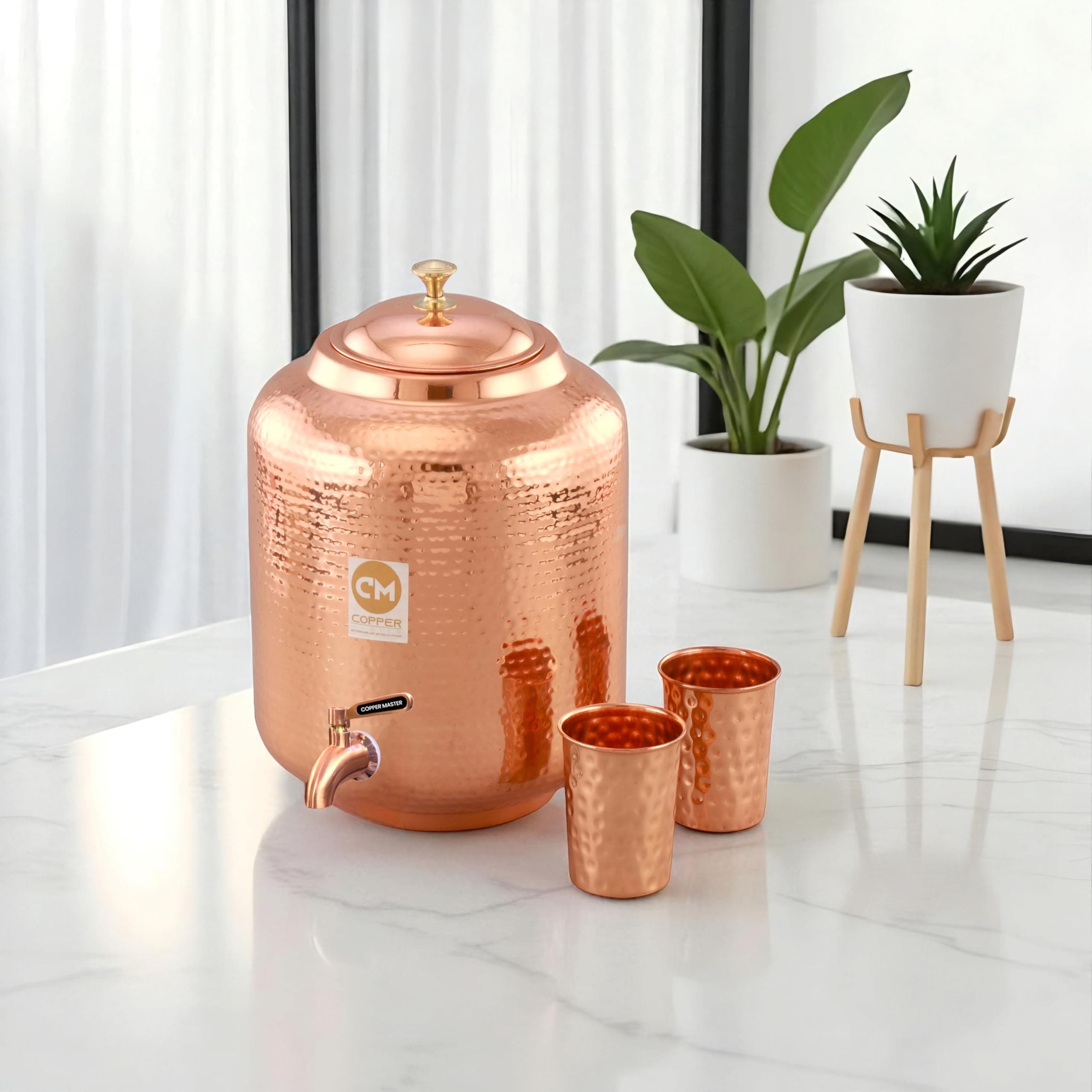 8 Litre Hammered Copper Water Dispenser (Matka) Container Pot with 2 Pure Copper Glasses Pure Copper and Ayurvedic Health Benefits ( 8000 ml + 600 ml)