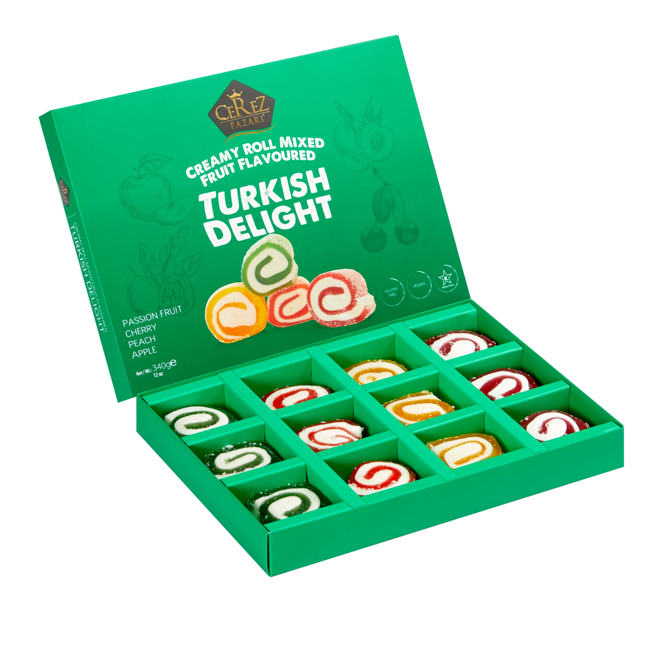 Cerez Pazari Turkish Delight Candy, Creamy Roll Mixed Fruit Flavored Vegan Gifts, Gourmet Snacks Gift Box | Gluten-Free Vegan Candy, Plant Based Snacks, Traditional Gourmet Dessert, 12 oz.