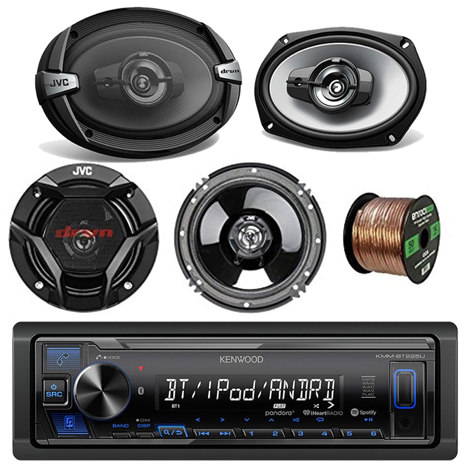 Kenwood Car Stereo Bluetooth Digital Receiver Bundle Combo with 2x JVC CS-DR6930 6x9" 3-Way Vehicle Coaxial Speakers, 2x CS-DR620 6.5" 2 Way Audio Speakers, Enrock 50ft 16g Speaker Wire