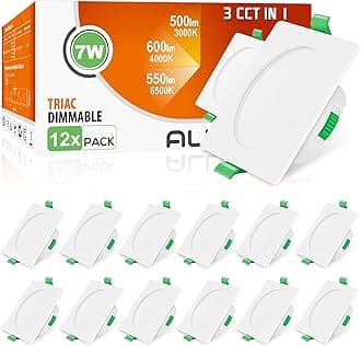 ALUSSO Square LED Downlights Dimmable 7W IP44 Slim Recessed Ceiling Lights, 3CCT 3000K Warm 4000K Neutral 6500K Cool Adjustable Bathroom Spotlights, White, 12 Pack [Energy Class D]
