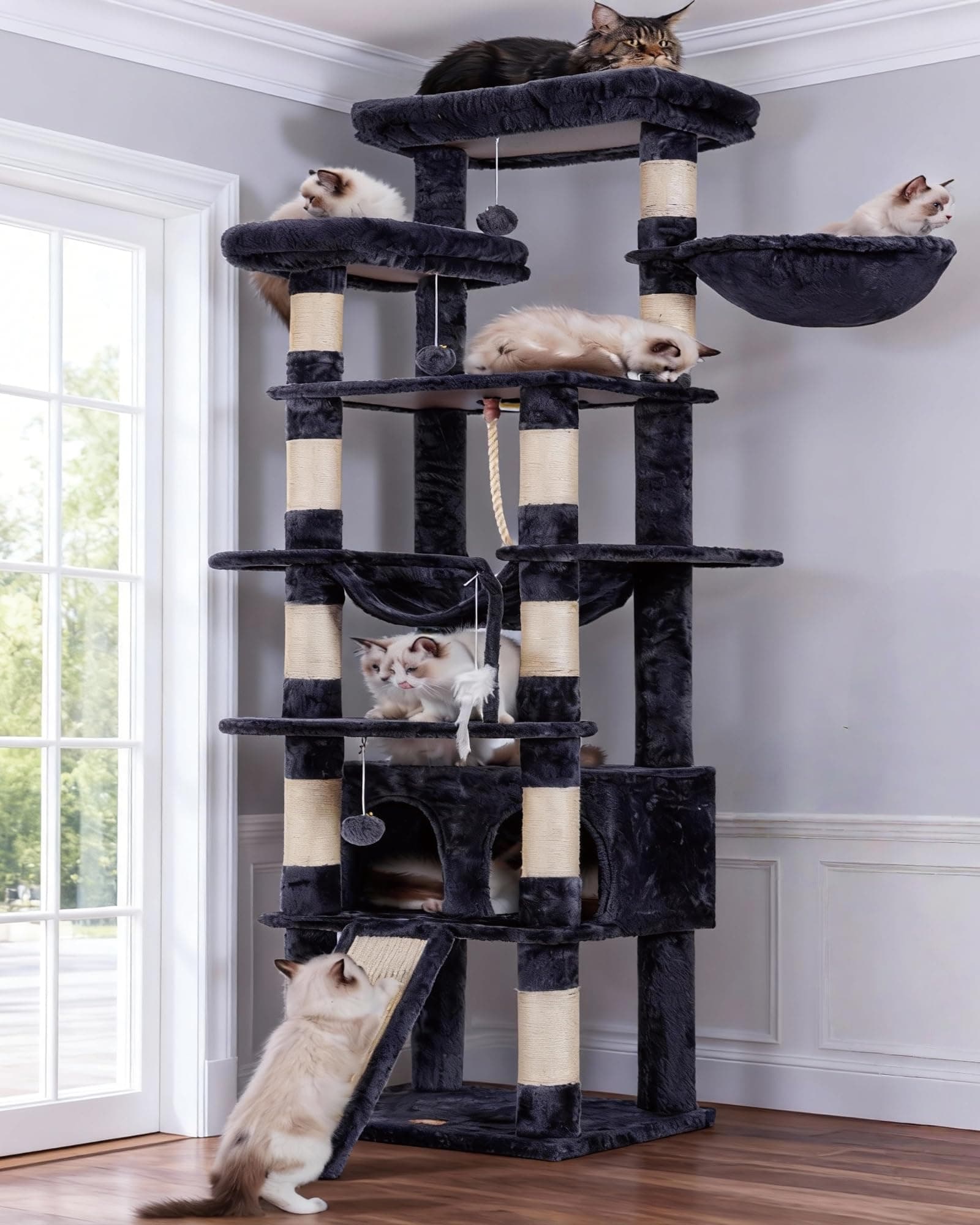Heybly Tall Cat Tree,78 inch Multi-Level Cat Tower for Indoor Cats,2 Widened Plush Perches Cat Condo with Scratching Board and Big Caves,Smoky Gray HCT033G