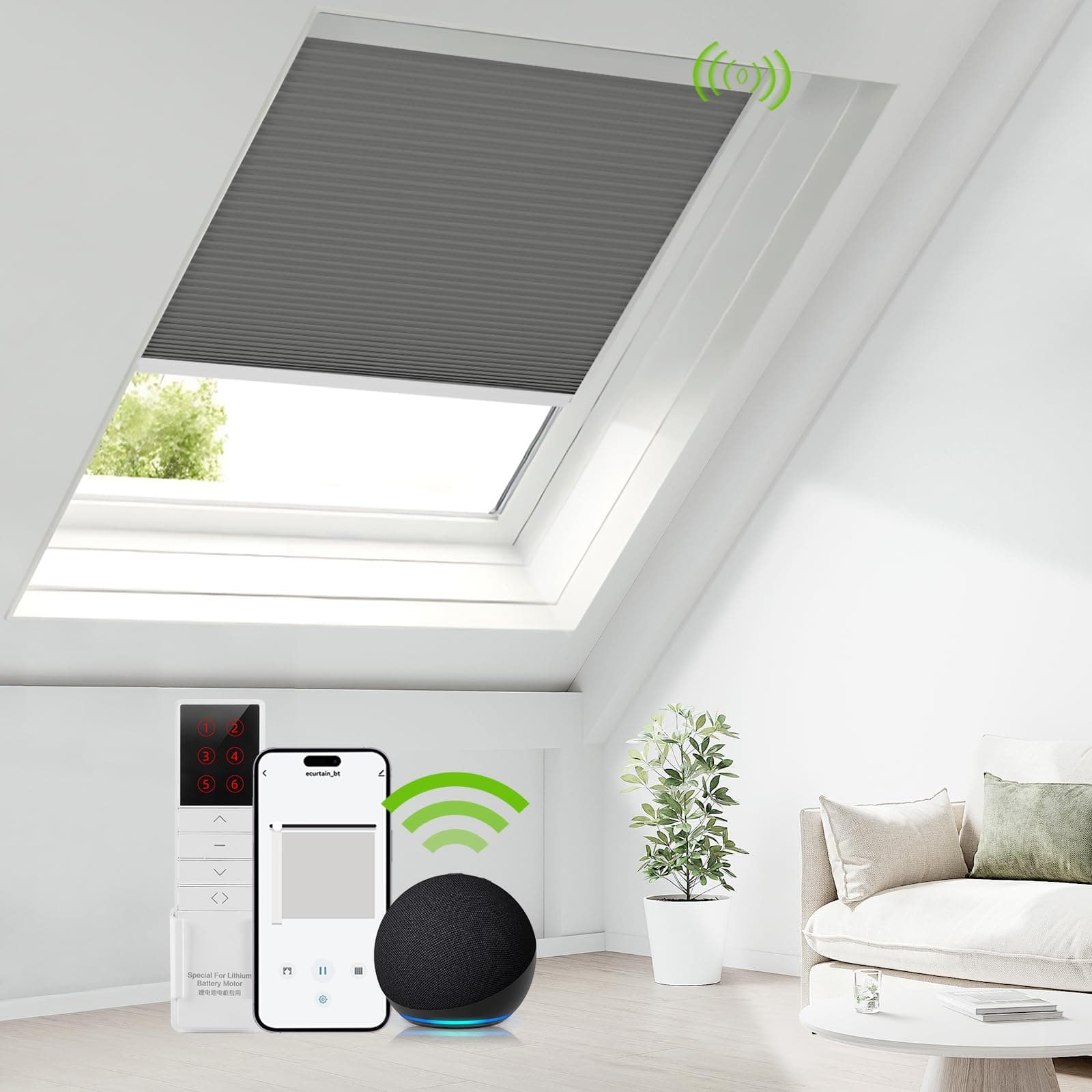 ZSTARR Motorized Skylight Shades Blackout Cellular Honeycomb Electric Blinds with Solar Panel Cordless Rechargeable with Remote for Roof and Slanted Windows Custom Size (Blackout Ebony Earth)