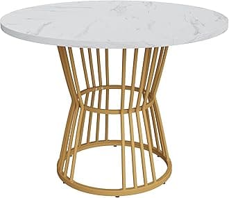 Merax Round Marble Dining Table – 100cm Modern Kitchen Table with Gold Metal Legs, Marble Effect MDF Top, Compact Breakfast Table for Dining Room, Living Room, Restaurant - White