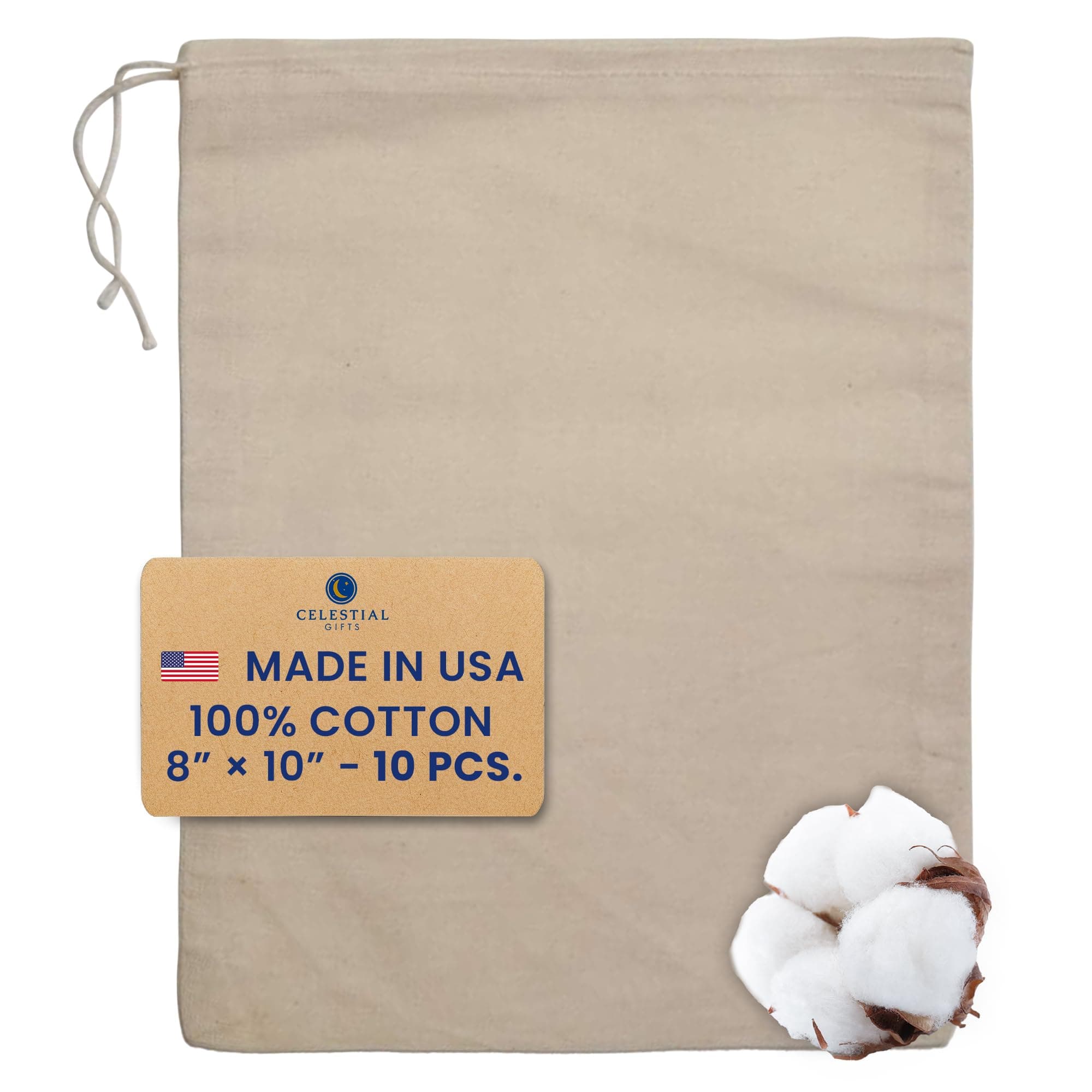 Celestial Gifts Muslin Bags with Drawstring 10pcs, 8x10 - Large Drawstring Bags Bulk - Drawstring Gift Bags for Party Favor and DIY Craft - 100% Cotton - Made in USA - (Natural Hem & Drawstring)