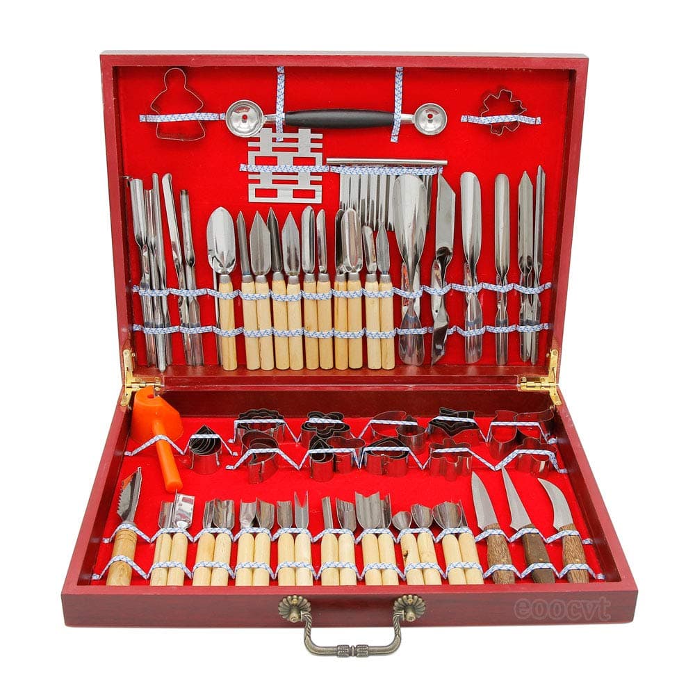 eoocvt Culinary Carving Tool Set Fruit Vegetable Food Garnishing Cutting Slicing Peeling Culinary Garnish Tools Kit (81 pcs) with Portable Upscale Red Wood Box