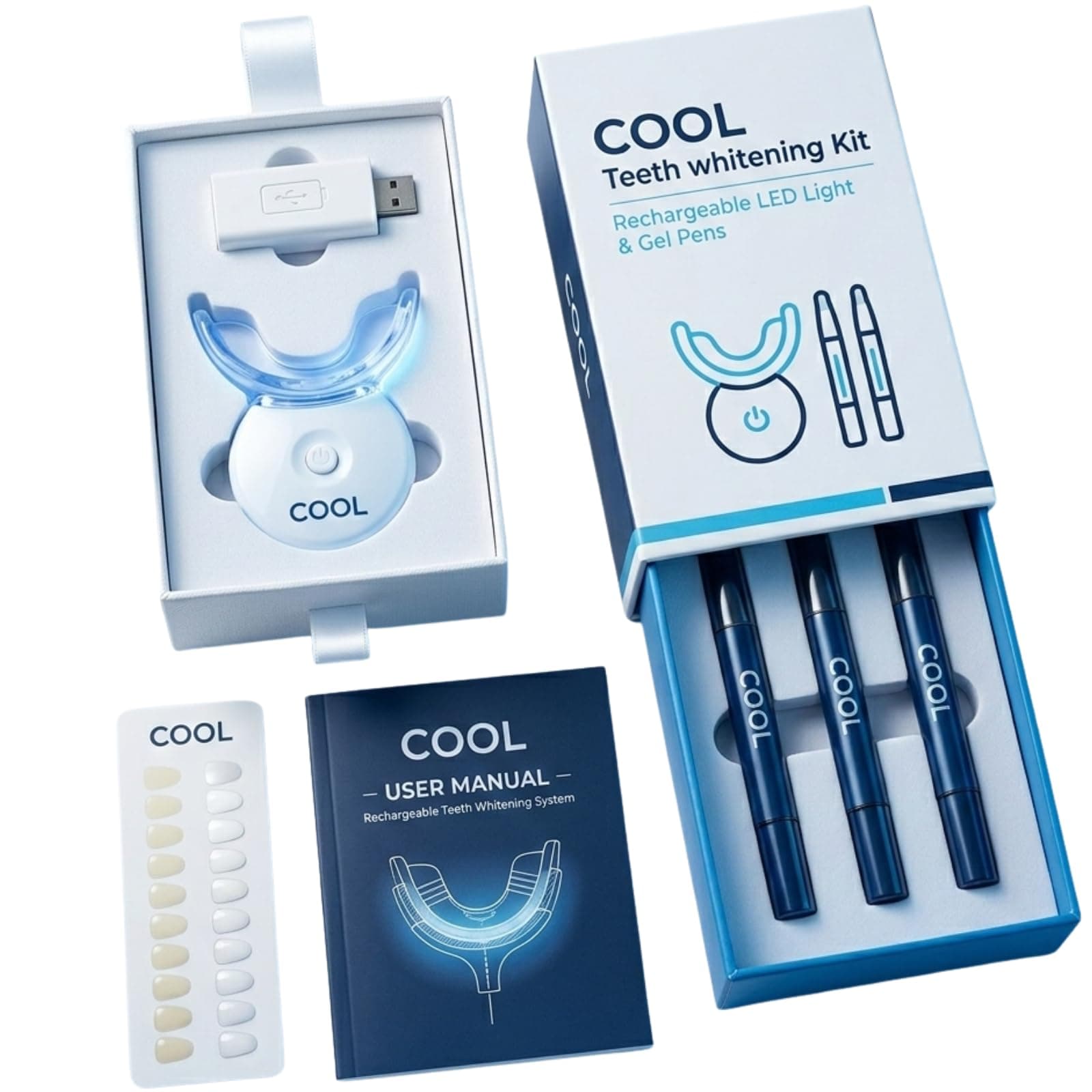 Kit with LED Light, 3 Whitening Pens (60 Uses), Enamel Safe Tooth Whitener for Coffee, Wine & Tobacco Stains, At-Home Treatment