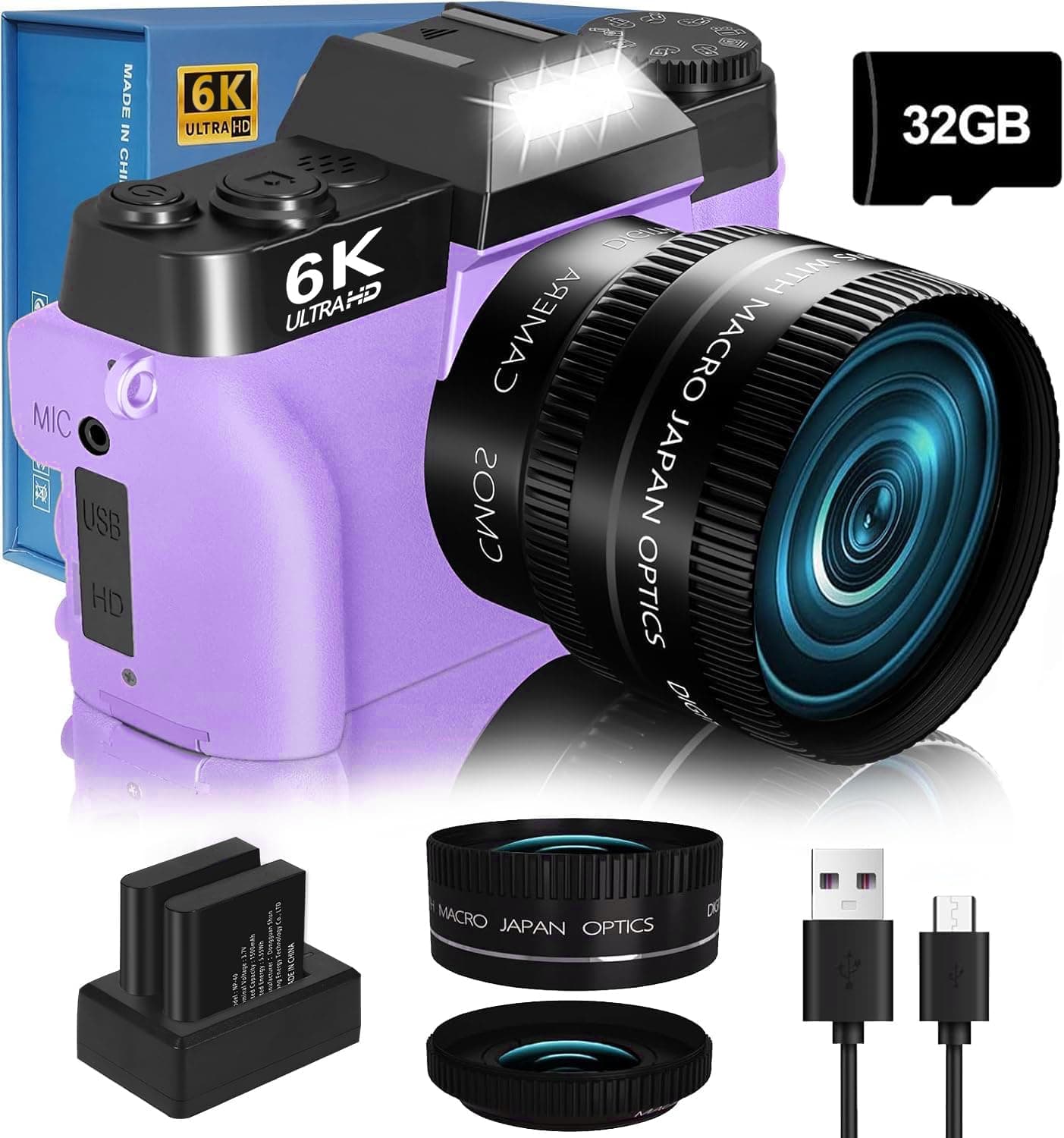 6K 64MP Digital Camera for Photography NIKICAM Vlogging Camera for YouTube with 180° Flip Screen, WiFi,16X Digital Zoom, 52mm Lens, 2 Batteries, 32GB Micro SD Card(Purple)