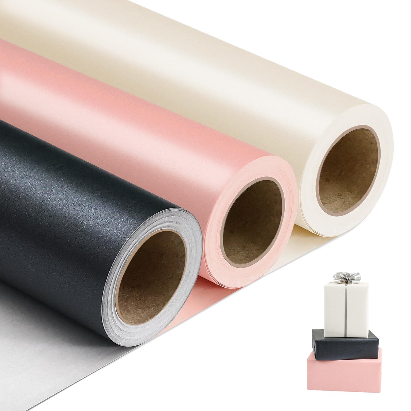 NESCCI Matte Wrapping Paper,Solid Color Pearly-Lustre Paper-3 Roll,17 Inches X 32.8 Feet Per roll.Gift Wrapping Paper,Perfect for Wedding,Valentine's Day,Birthday, Christmas,Baby Shower.