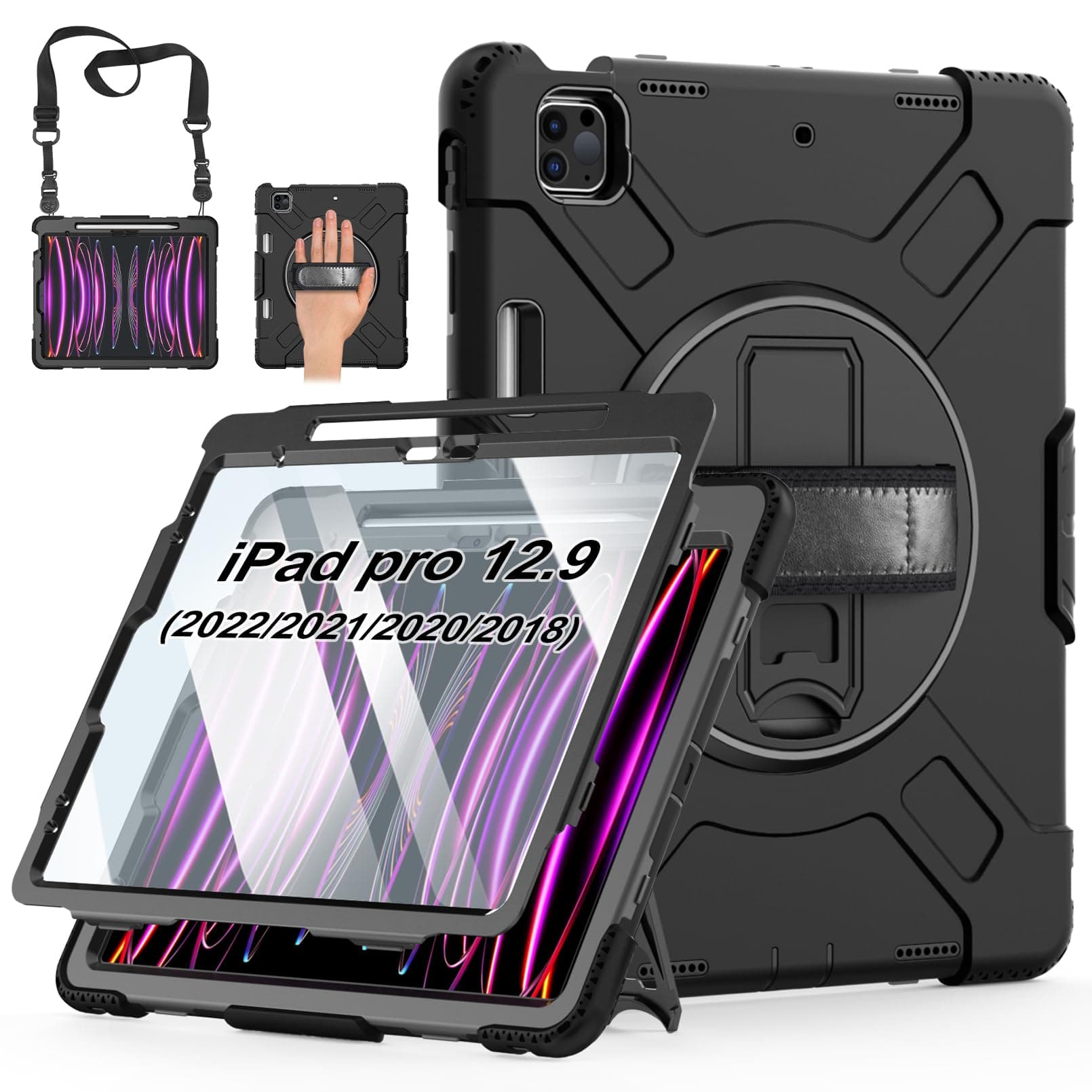 Case for iPad Pro 12.9 2022/2021/ 2020/2018: Cover for iPad Pro 12.9 6th/ 5th/ 4th/ 3rd Generation with Screen Protector- Stand- Pencil Holder- Handle- Shoulder Strap Black