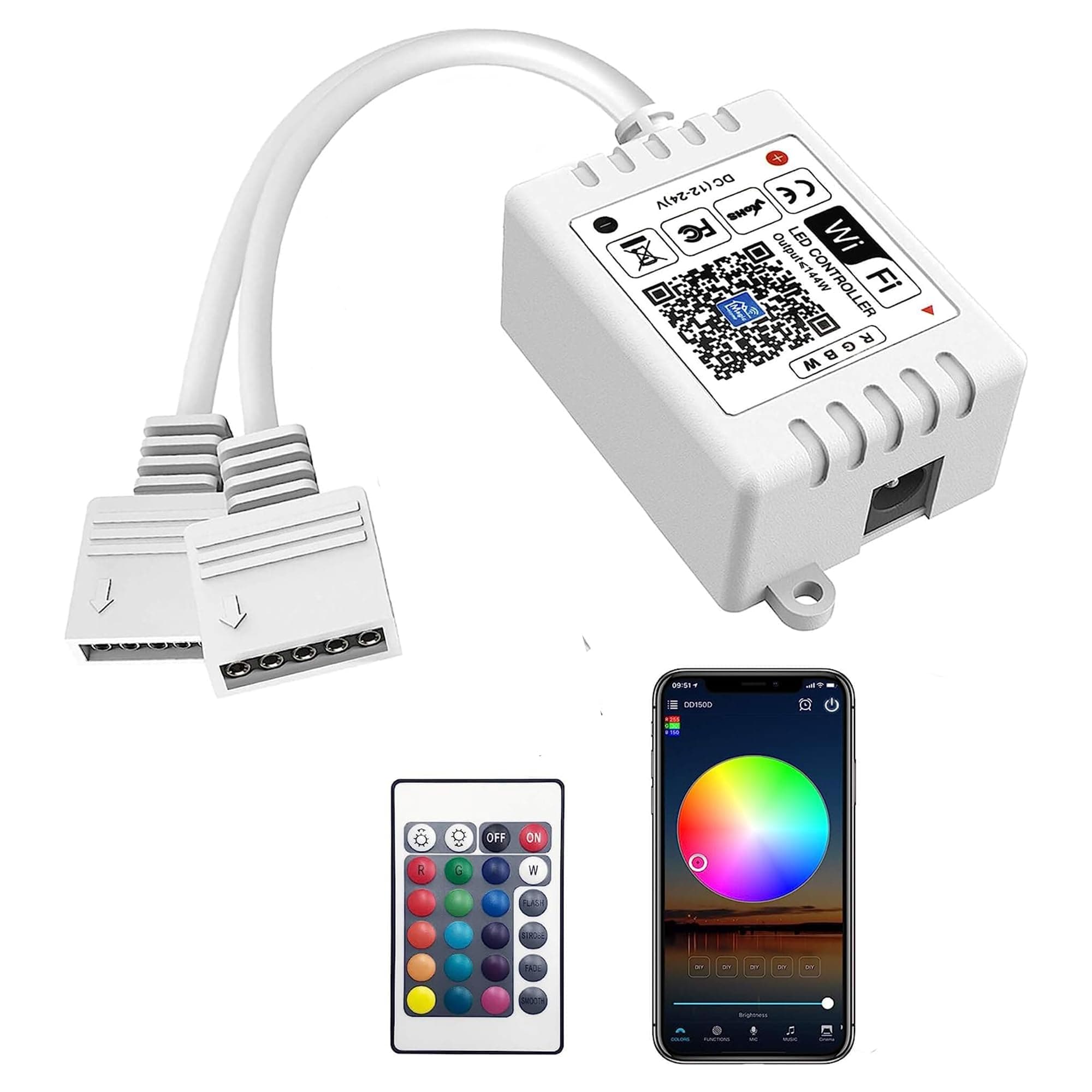 Smart WiFi RGBW LED Controller 2-Output 5 Pin with 24-Key Remote,Compatible with Alexa&Google Assistant,Voice/APP Control Strip Lights for Android/iOS System(WiFi LED Controller Only)