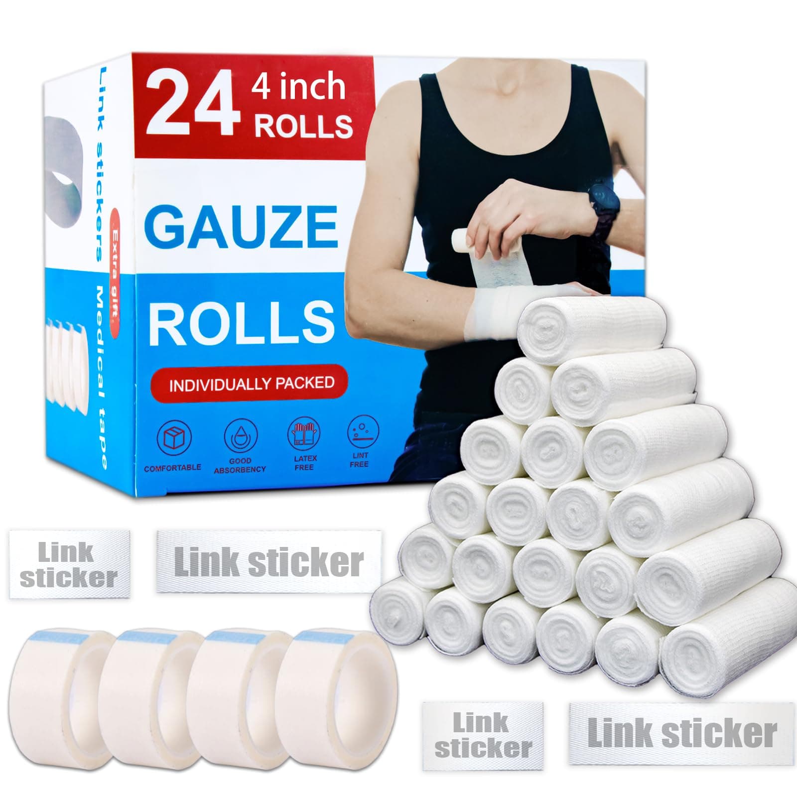 24 Pack Gauze Rolls Bandages 4 ” x 4.1 yd Premium Quality Lint and Latex-Free Conforming Stretch Designed for Wound Care for Wound Dressing Support(Ideal for Home and car First aid Kits)