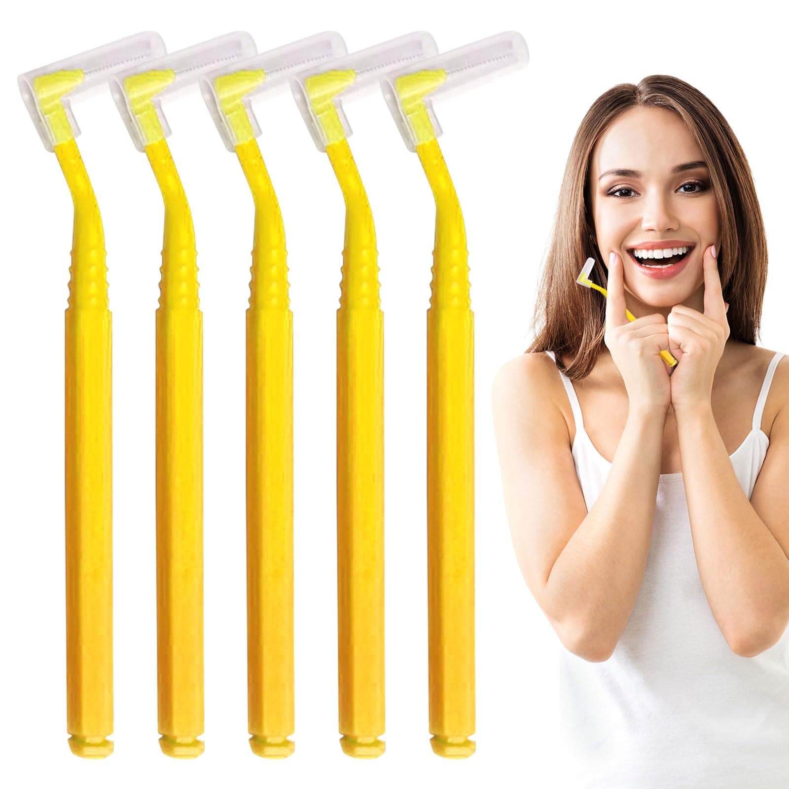 40 Pieces L Shaped Dental Brushes with Long Handle,Interdental Brushes 0.7mm for Interdental Cleaning,Portable Oral Tooth Clean,Dental Brushes for Interdental Cleaning Plaque Removal (Yellow)