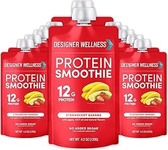 Designer Wellness Protein Smoothie, Real Fruit, 12g Protein, Low Carb, Zero Added Sugar, Gluten-Free, Non-GMO, No Artificial Colors or Flavors, Strawberry Banana, 12 Count