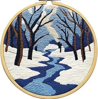 DIY Punch Needle Kits for Beginners Winter Snow River Trees with Hoop Punch Needle Starter Craft Embroidery Set Easy for Adults and Children Festival Gift and Decoration 20x20cm-2