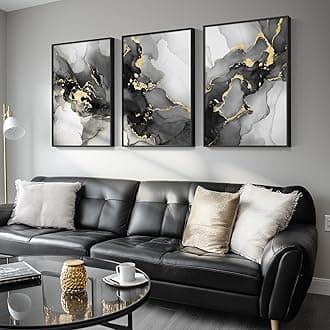 Large Framed Black and White Abstract Wall Art for Living Room, 3 Piece Modern Canvas Prints Paintings Artwork for Walls, Black Gold Pictures for Hallway Office Wall Decor - Big Size 24x36 Inch
