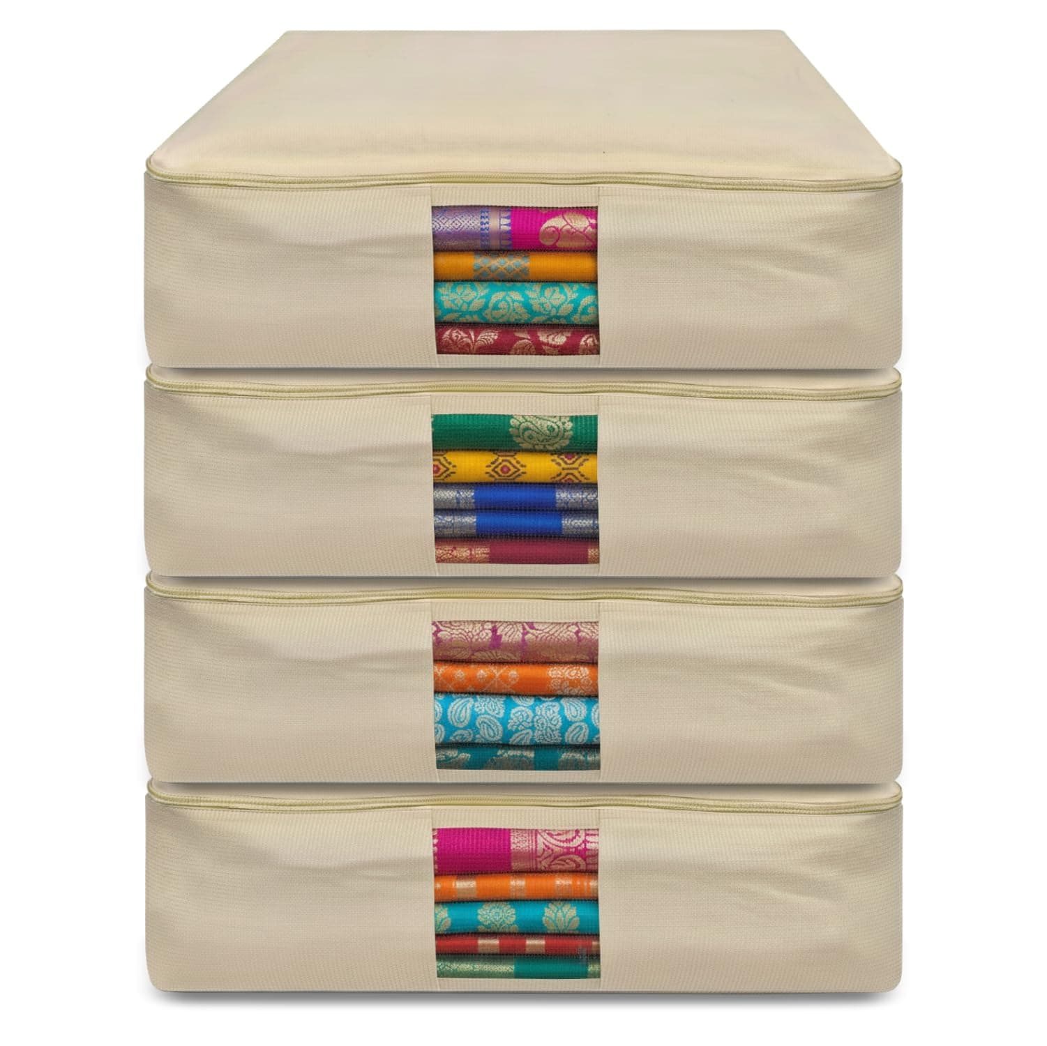 JD FRESH 4 Pcs Cotton Saree Covers/Storage Bags with Zip Cover/Space Saving Bag with Mesh Window/Wardrobe-Cupboard Organizer for Clothes/Lehengas/Bedsheets/Gowns(18 X 16 x 4.5 Inch/Brown)