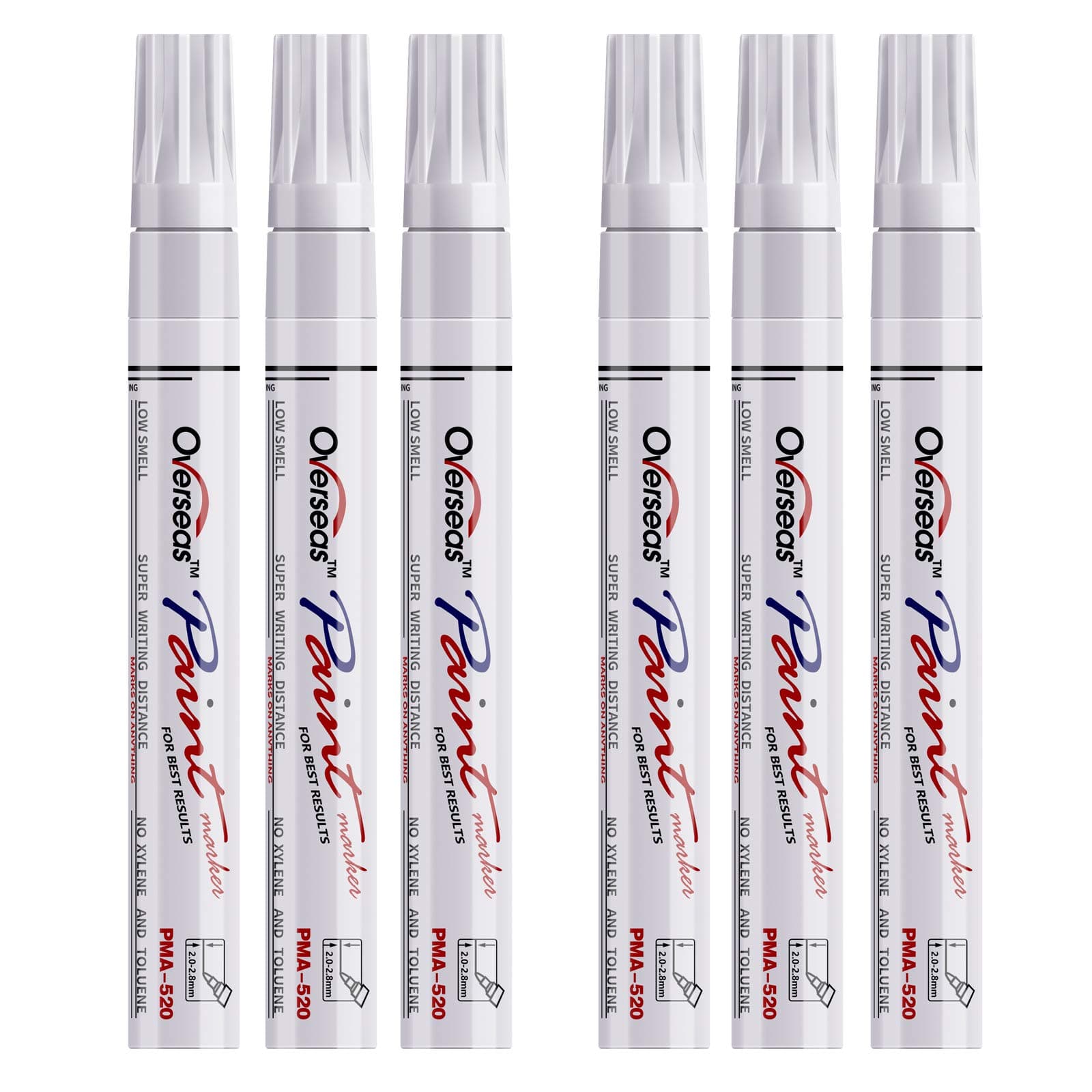 Overseas White Paint Markers Pens - Single color 6 Pack Permanent Oil Based Paint Pen, Medium Tip, Quick Dry and Waterproof Marker for Rock, Wood, Metal, Plastic, Canvas, Glass, Mugs, Rubber, Ceramic