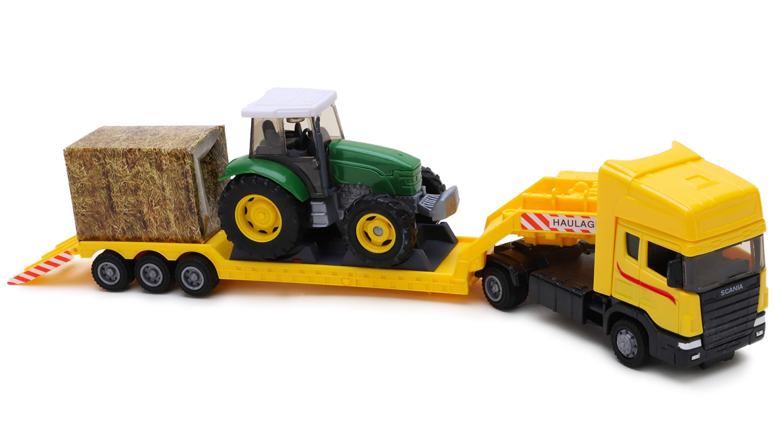 Scania Tractor Transporter 1:48 Scale- Yellow Low Loader With Green Tractor
